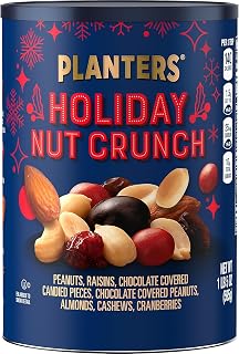 PLANTERS Holiday Nut Crunch Mix with Peanuts, Raisins, Chocolate Covered Peanuts, Almonds, Cashews, Cranberries, Holiday Snack, Party Nut Mix, 21oz Canister