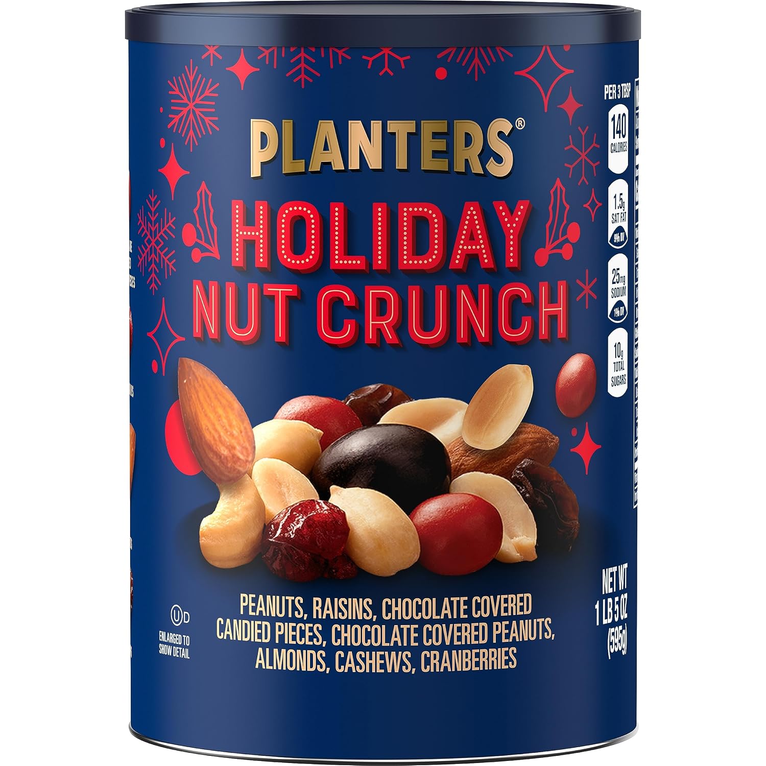 PLANTERS Holiday Nut Crunch Mix with Peanuts, Raisins, Chocolate Covered Peanuts, Almonds, Cashews, Cranberries, Holiday Snack, Party Nut Mix, 21oz Canister