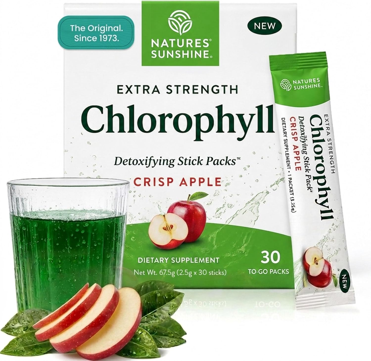 Nature's Sunshine Chlorophyll Packets - Detox, Cleanse & Immune Support Chlorophyll Powder, Internal Deodorant Supplement - 30 Sticks (Crisp Apple)