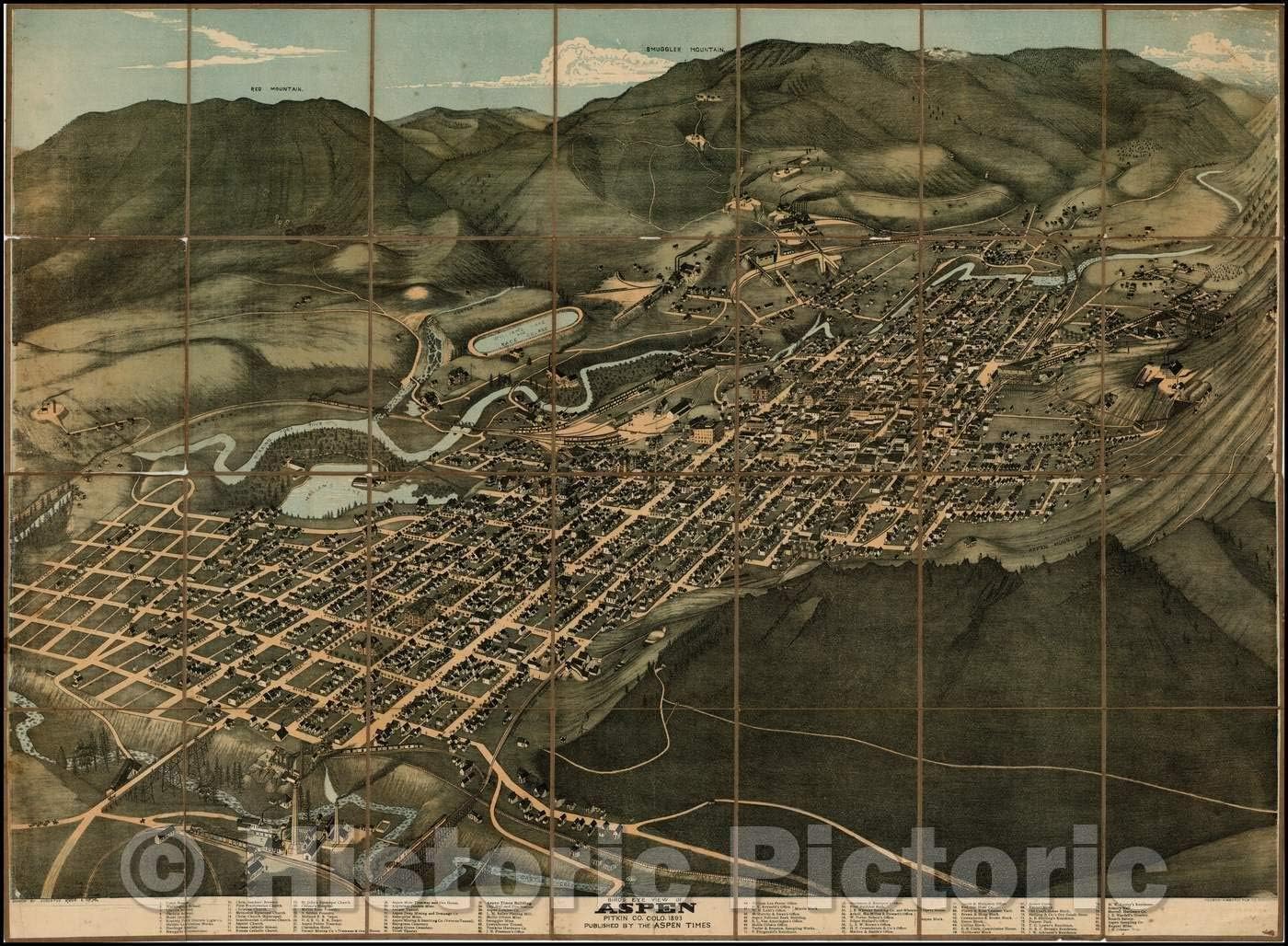 Historic Map - Bird's Eye View of Aspen Pitkin Co. Colo, 1893, Augustus Koch v2 44in x 33in