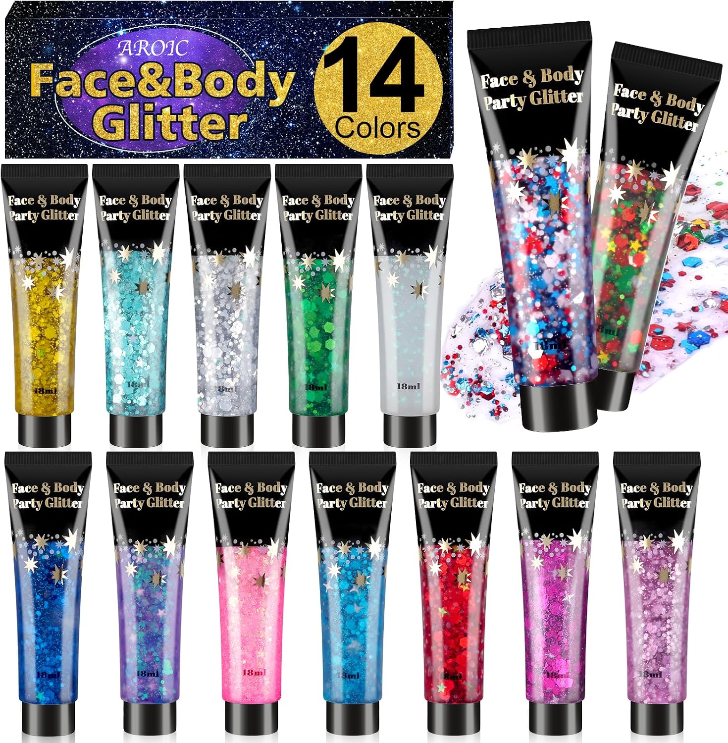 AROIC 14 Colors Body Glitter, Mermaid Fairy Hair Glitter Gel for Kids