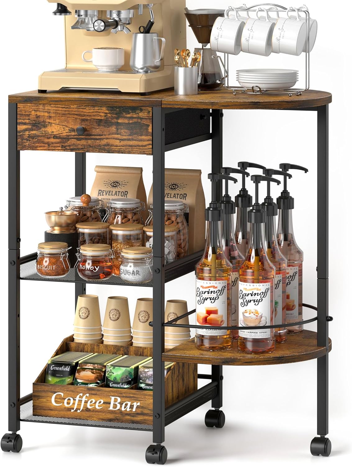VINAEMO Coffee Bar Station with Wheels and Storage Drawer,15.35'' Deeper Large Coffee Bar Table Stand for Kitchen Office Living Room,Rustic Brown