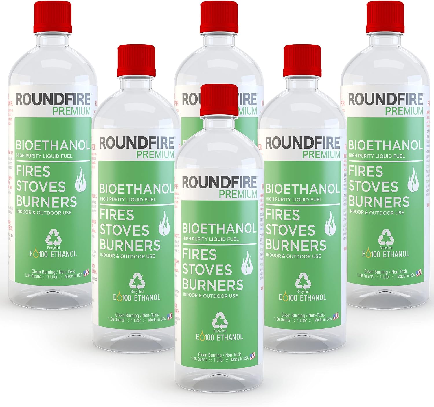 ROUNDFIRE Premium 6 x 1 Liter - Bioethanol Fuel for fireplaces, Stoves and Burners (6 Quart)