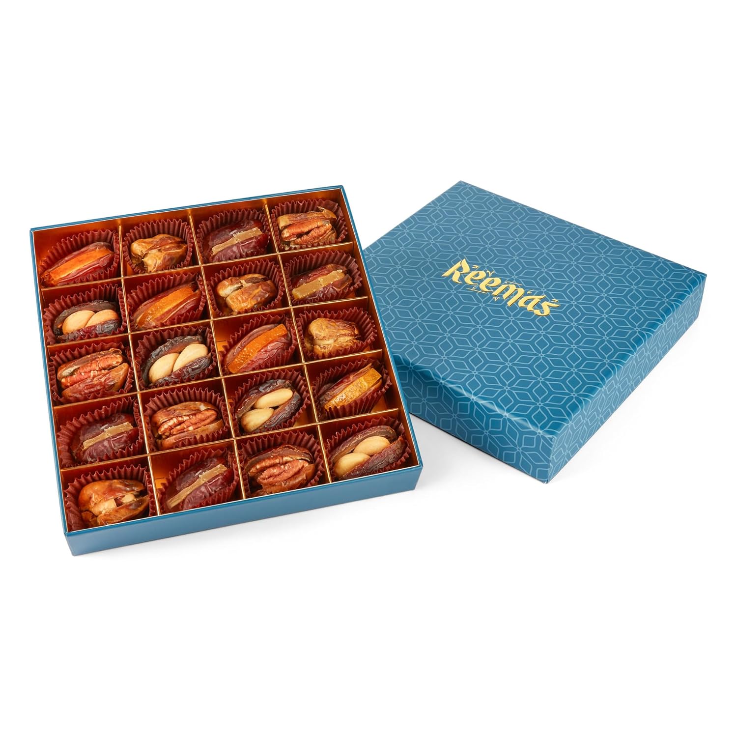 REEMAS GOURMET Dates Stuffed Dried Fruit & Nuts (Hazelnut Pecan Cashew Orange Ginger) 20 Pcs- All Natural Celebration Gift Box- Healthy Sweet- Vegan Premium Medjool Mabroom