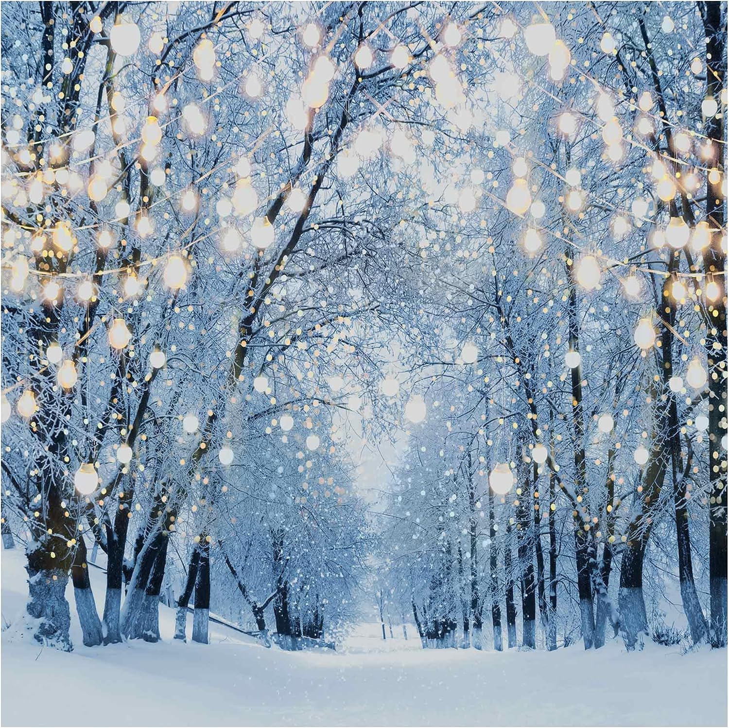 Allenjoy 6 x 6 FT Winter Forest Backdrop Wonderland Snowflake Photography Background Bokeh Glitter Snow Scene Christmas Party Decoration Tree Landscape Portrait for Photobooth Photo Studio