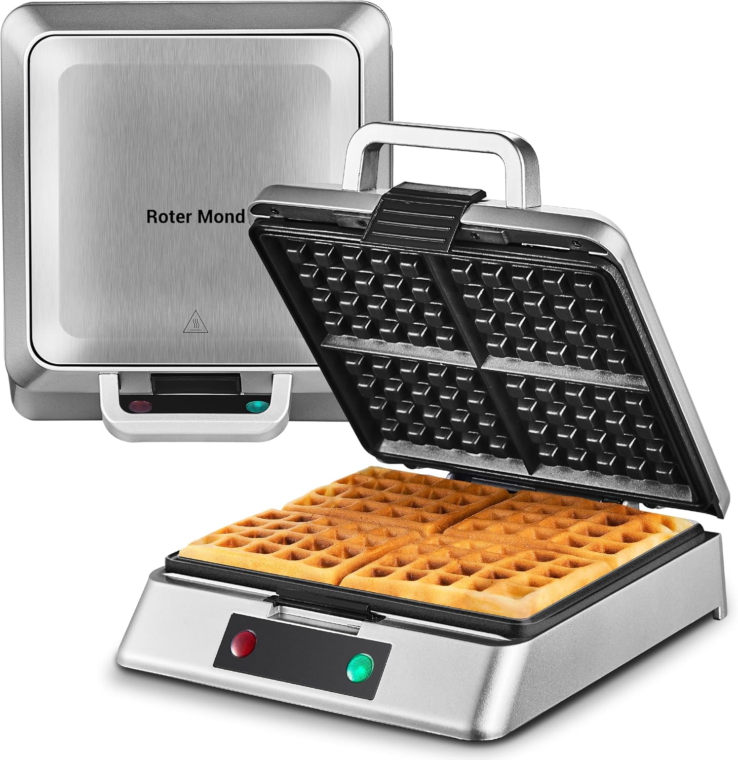 Waffle Maker, Roter Mond Belgian 4 Slice square stainless steel waffle maker, Non-Stick Surface for Easy Cleaning for Family Use Breakfast, Save Space for Storage,1300W, Silver