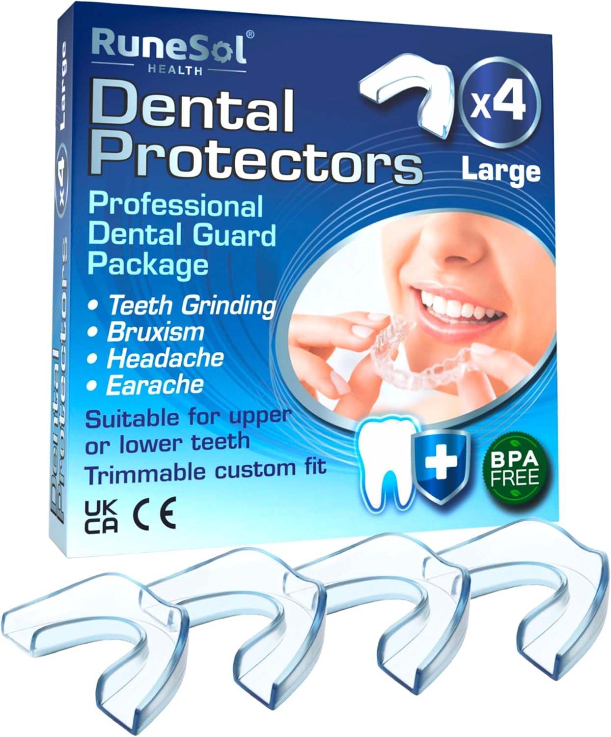 Runesol Mouth Guard for Grinding Teeth, 4 x Large, Gum Shield for Teeth Grinding, Bruxism Mouthguard, Night Tooth Guard for Adults, Stop Grinding Teeth Dental Protector,Class 1 Medical Device UKCA CE