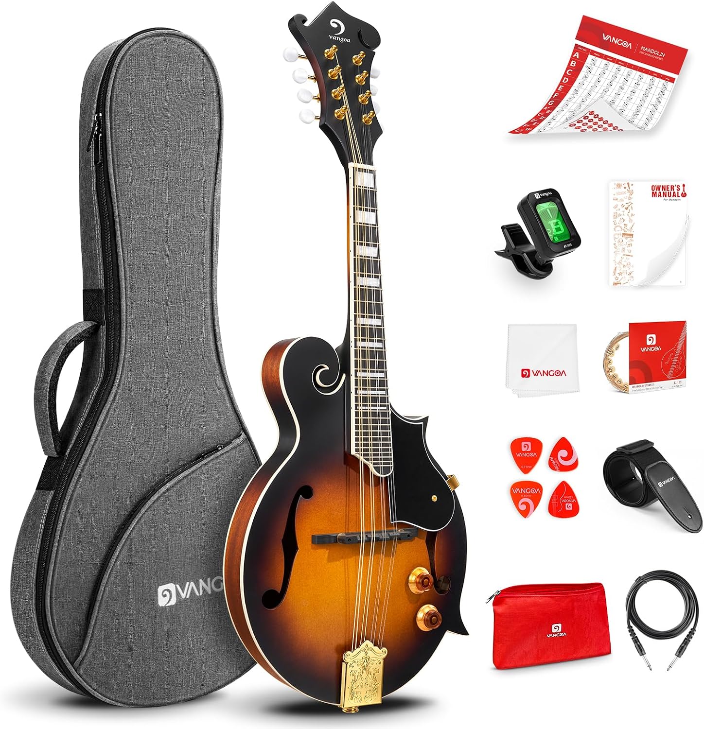 Vangoa Mandolin Instrument F Style Acoustic Electric Mandolin Musical Instrument Spruce Top 8 String for Beginners, Adults, Sunburst