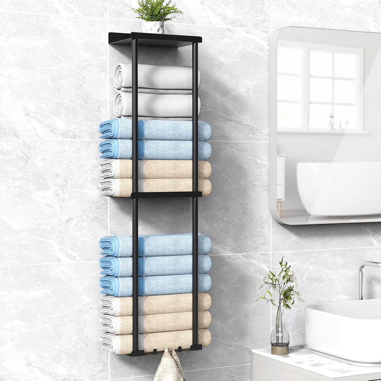 Towel Rack For Bathroom, Wall Mounted Bath Towel Holder Storage Organizer For Rolled Towels, Vertical Towel Rack With Shelf Can Holds Up 6 Large Bath Towel, Black