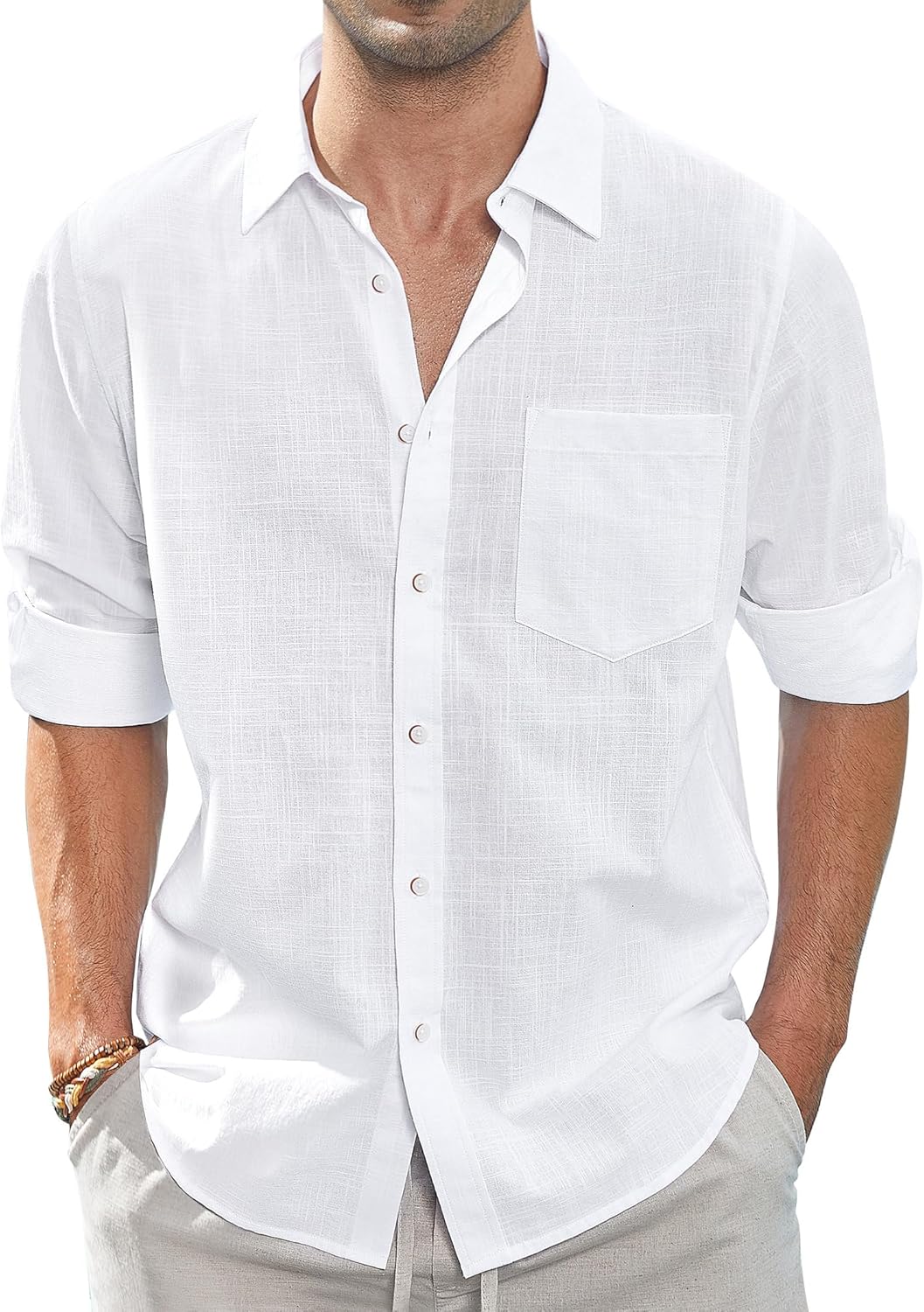 J.VER Men's Linen Cotton Shirts Long Sleeve Regular Fit Casual Solid Shirt Lightweight Summer Beach Tops with Pocket