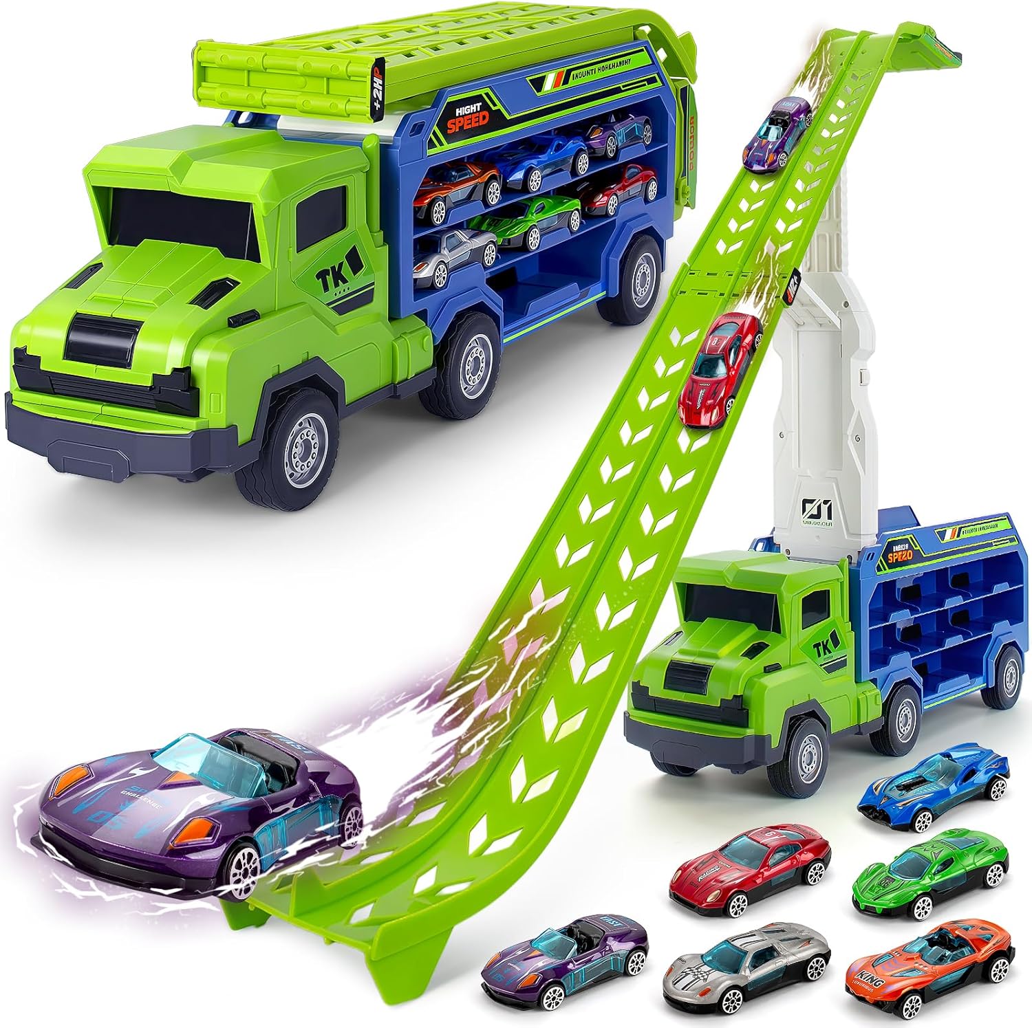 Kids Toys for 3 4 5 6 7 8 Years Old Boys, Carrier Truck Transport Car Toys, Foldable 2 Layer Car Race Track Playset with 25-in Race Track, 6 Metal Toy Cars, Birthday Toy Gift for Toddler Boys Girls