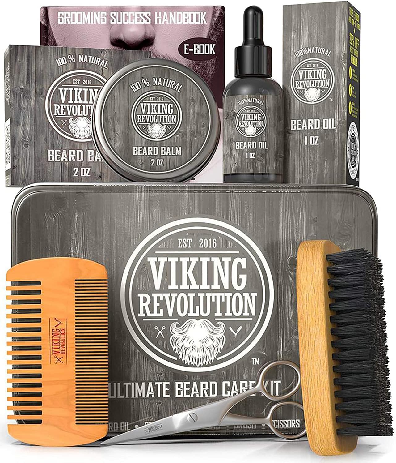 Viking Revolution - Beard Grooming Kit for Men - Ultimate Beard Kit with 100% Boar Beard Brush, Beard Comb, Citrus Beard Balm, Unscented Beard Oil & More - Valentines Gifts for Him - Gifts for Men