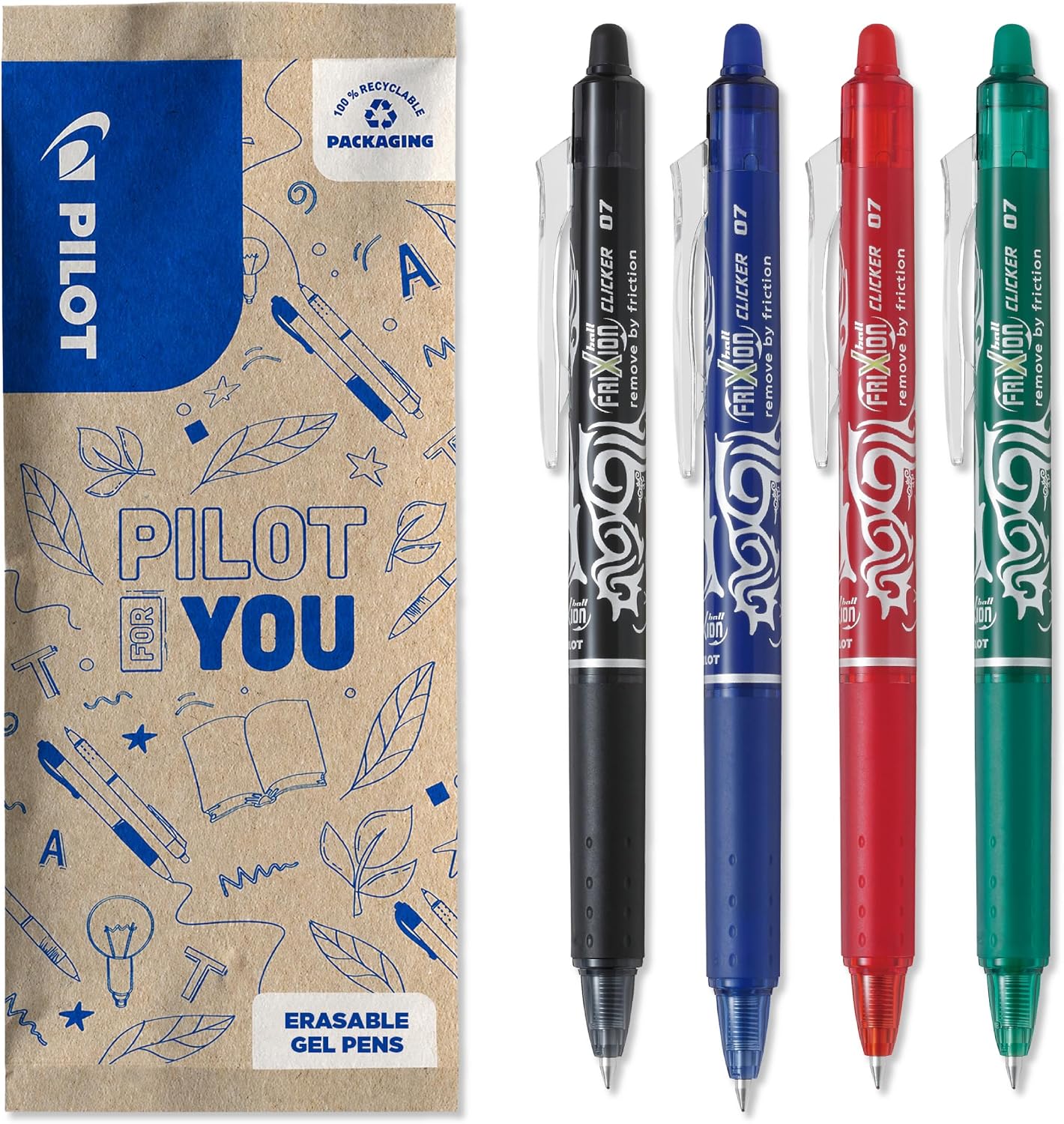 PILOT - FriXion Clicker Erasable Pen 0.7mm - Assorted Ink - Pack of 4