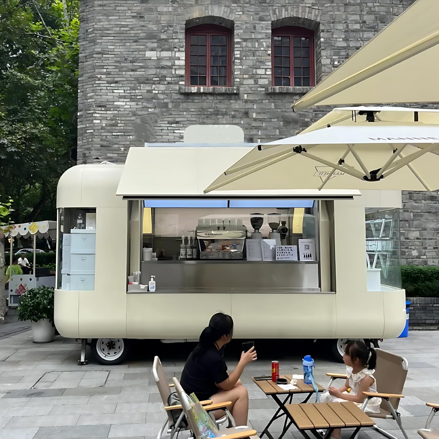 Food Truck Trailer, Coffee Cart Wholesale Price Equipped with Complete Kitchen Equipment, Outdoor Stainless Steel Food Cart with Smoker & Grill