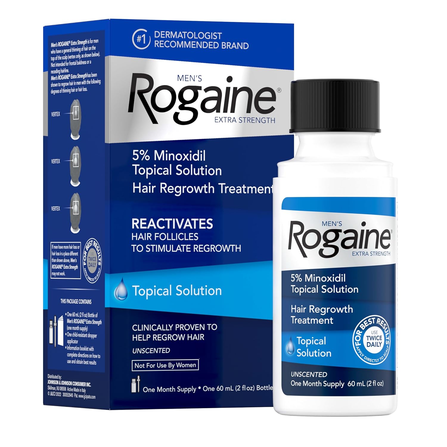 Men's Rogaine Extra Strength 5% Topical Minoxidil Solution, 2 fl oz | Hair Loss & Regrowth Topical Treatment for Men, Unscented, Follicle Booster Liquid, 1-Month Supply