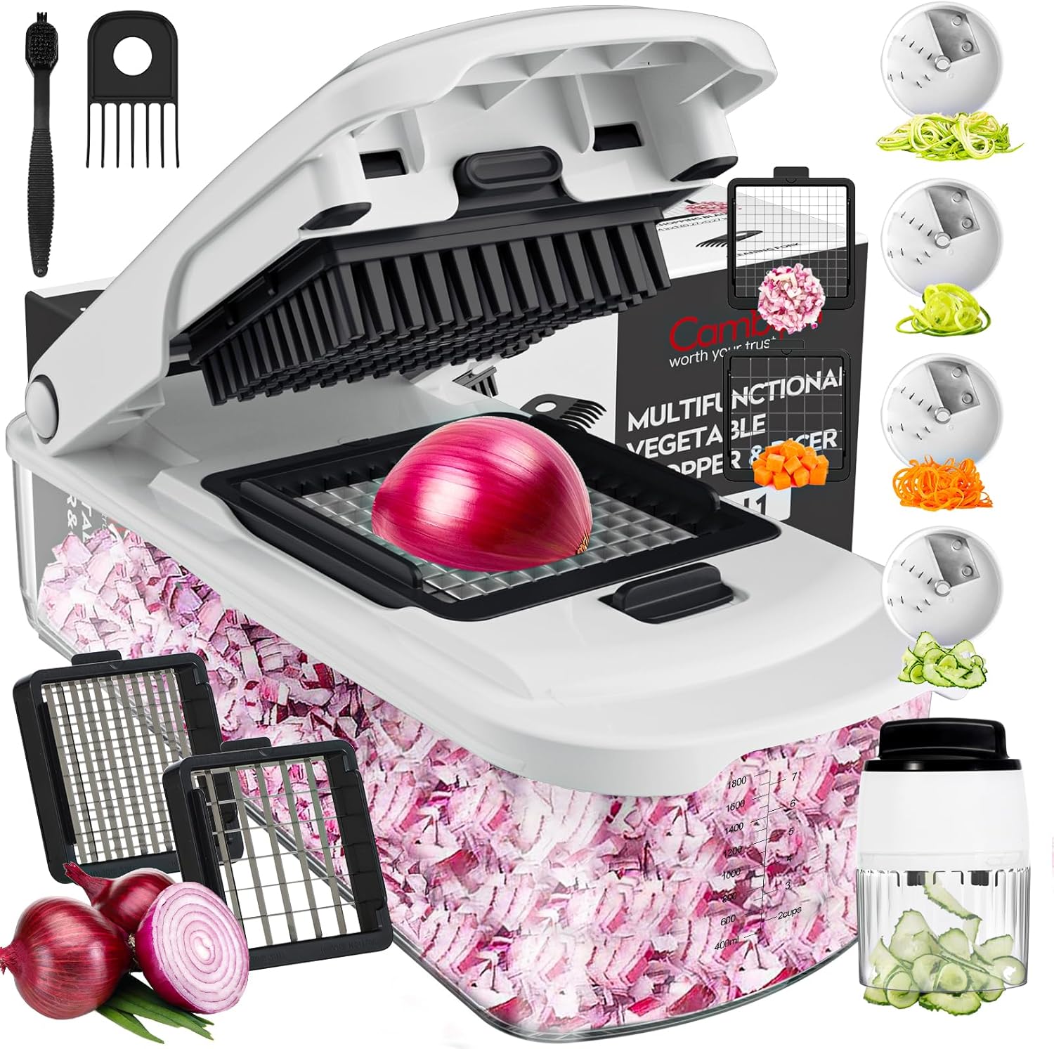 Cambom Vegetable Chopper With Container, Multifunctional Food Chopper Onion & Vegetable Cutter Dicer With 8 Blades, Carrot & Veggie Slicer Spiralizer 6 Blades
