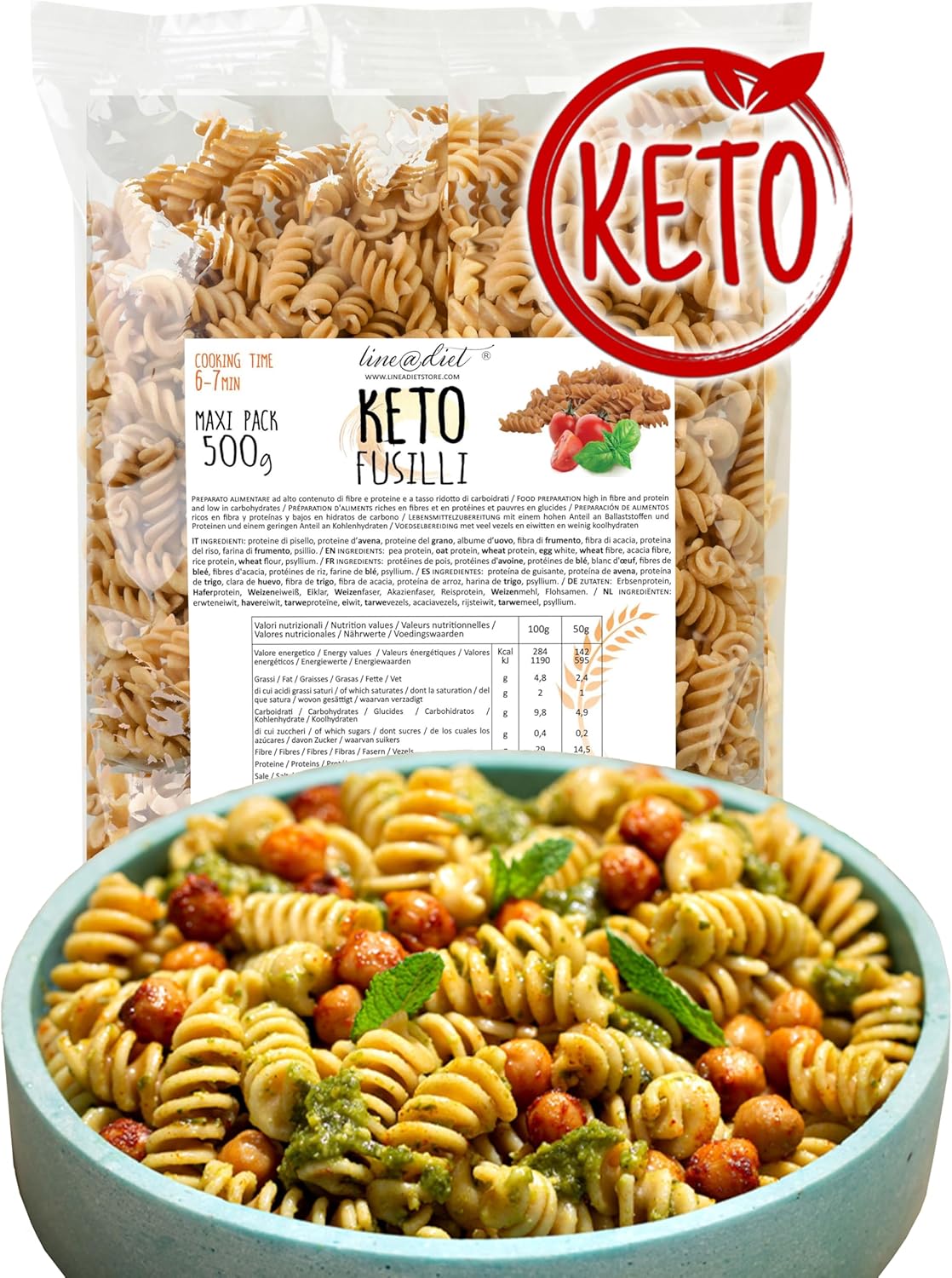 Fusilli Keto Line@diet - Protein pasta low in carbs and sugars, ideal for a keto diet - 500g pack - 18g protein, less than 5g carbs and 0.2g sugars per serving - made in Italy