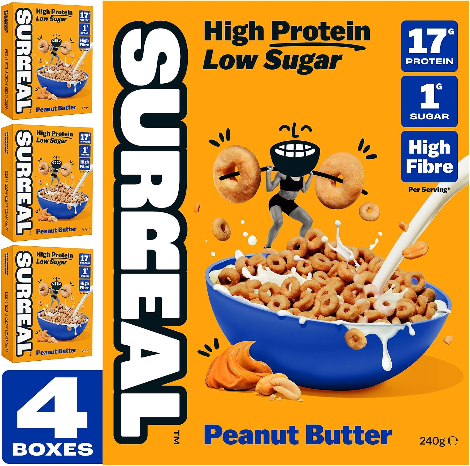 Surreal Peanut Butter - High Protein Cereal Gluten Free - Zero Sugar- Healthy Plant Based Cereal - High in Fibre - Low Carb - Vegan - 17g of Protein, 0g of Sugar - 240g per Box - 4 Pack (4 x Peanut)
