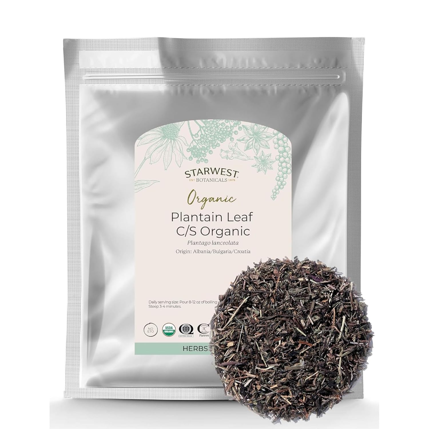 Starwest Botanicals Organic Plantain Leaf - Natural Loose Leaf Herbal Tea, Dried Plantain Herb for Women & Men, Cut & Sifted, Certified Kosher, Non-GMO - Bulk 1 lb Bag