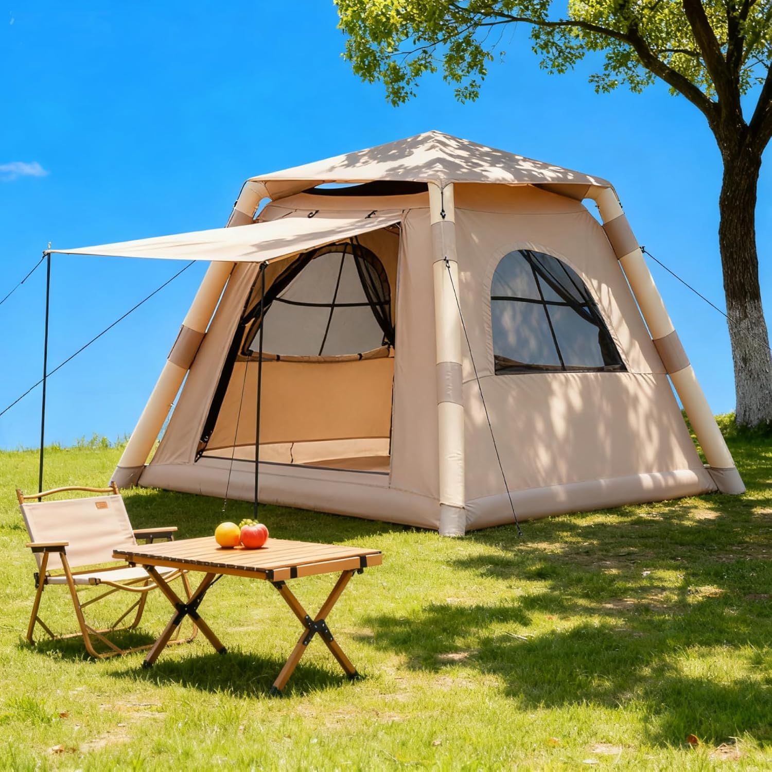Instant Inflatable Tents for Camping - 2-4 Person Blow Up Tent with Pump Port, 420D Oxford Fabric, All-Weather Waterproof & Sun Protection for Family Glamping, Backpacking