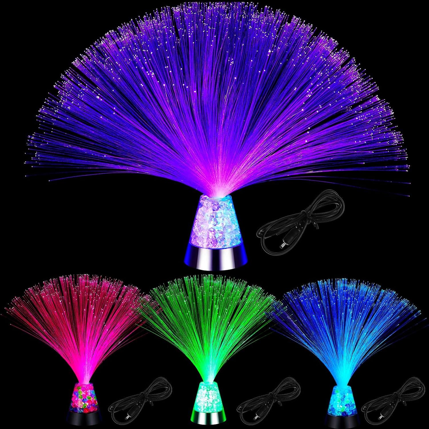 Retisee 4 Pieces Fiber Optic Lamp with Crystal Base 14inch Sensory Lights Color Changing USB Battery Powered Fiber Optic Lights for Room Wedding Party Decoration
