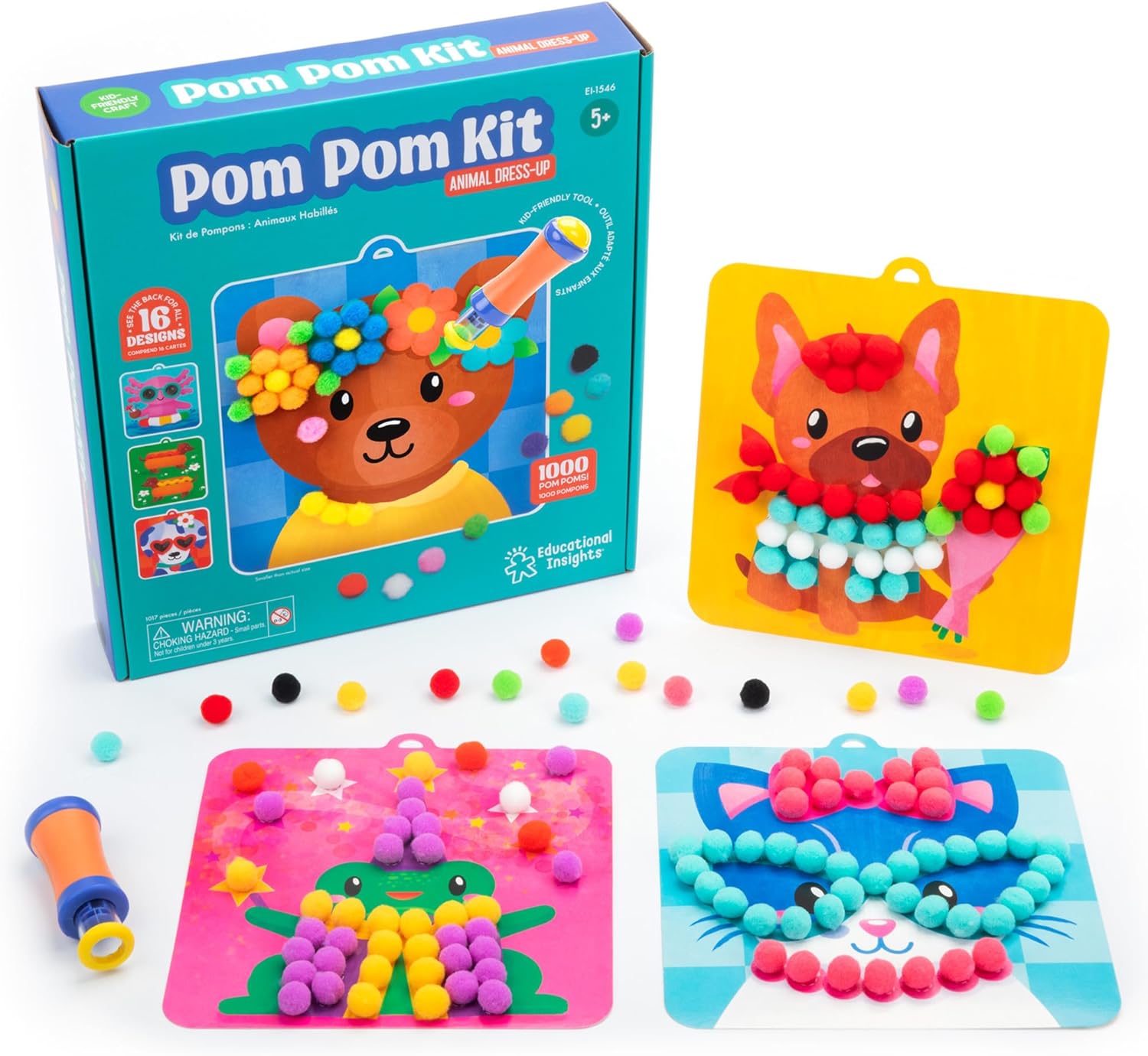Learning Resources Pom Pom Kit Animal Dress-Up, Toys for 5 Year Old Girls and Boys, Arts and Crafts for Kids, Reusable Kit With 16 Activities, Over 1000 Pieces
