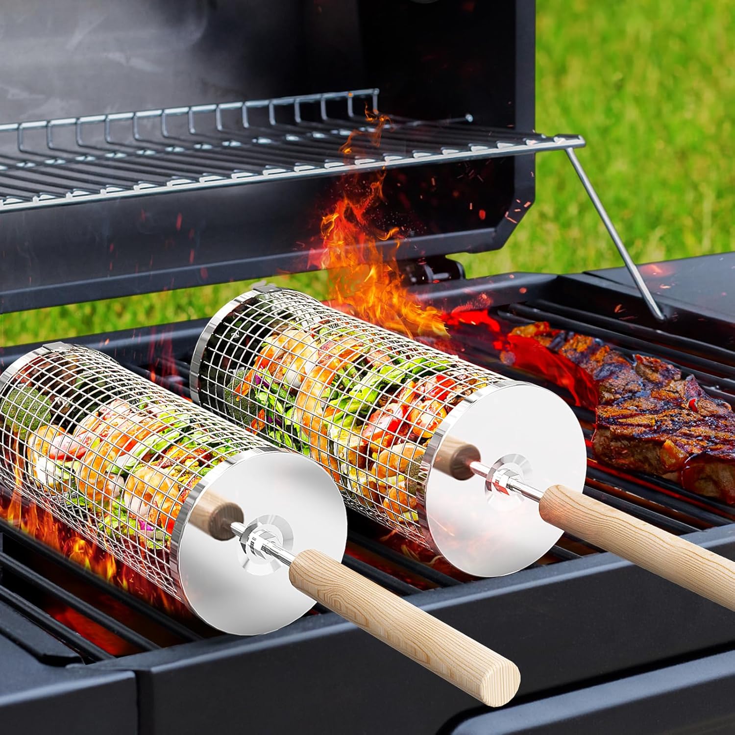 Rolling Grill Basket, Removable Wooden Handle, 304 Stainless Steel, Nesting Grilling Net, BBQ Accessories Tools for Vegetables Shrimp, Outdoor Cooking Camping, Birthday Gifts for Men Dad Husband