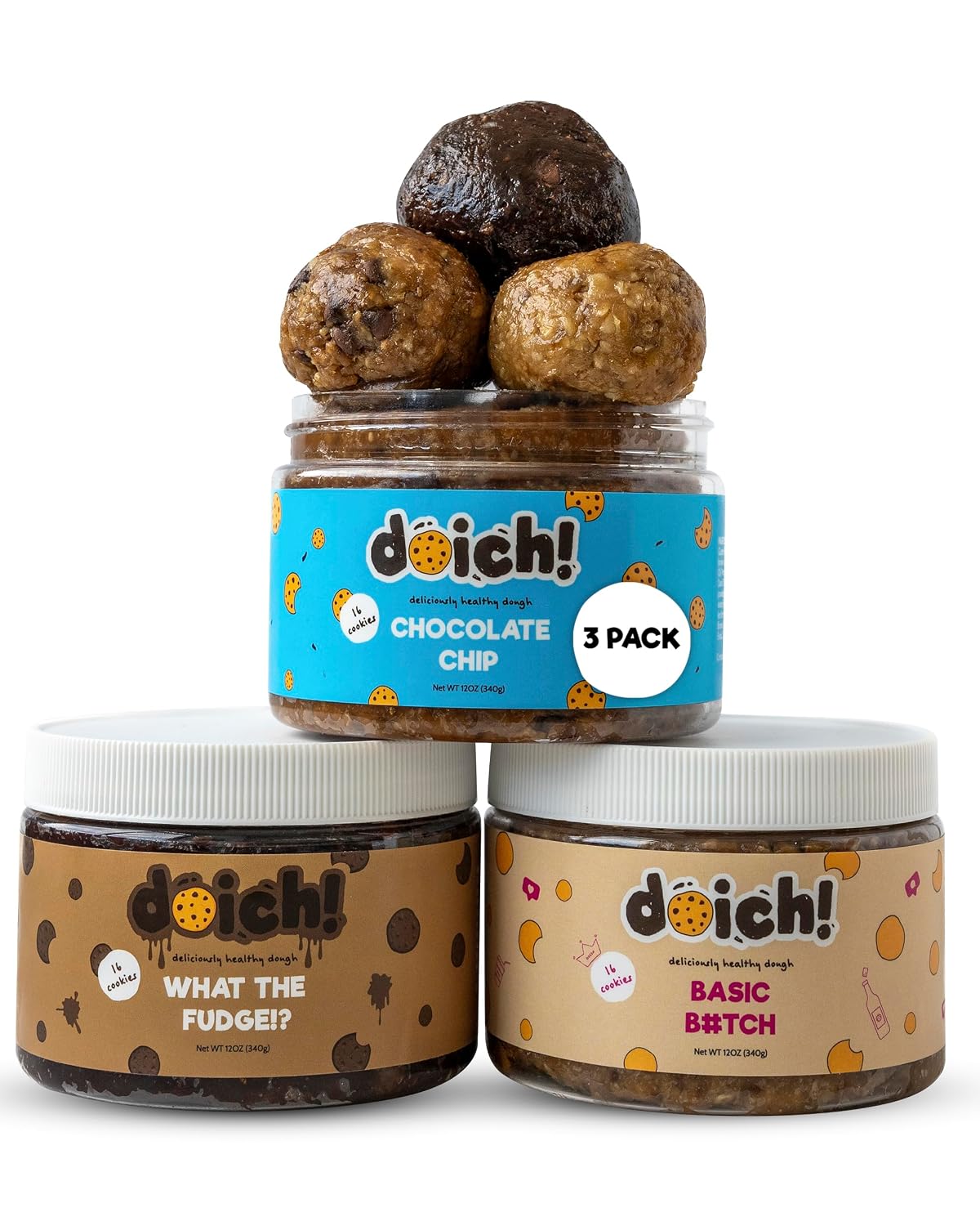 Doich Variety Pack Cookie Dough (3-Pack) Healthy Cookies - Chocolate Chip, What The Fudge, & Basic Batch - High Protein, Low Sugar Snack - Ready to Eat Baked Goods Dessert - Gluten Free, Vegan, Kosher