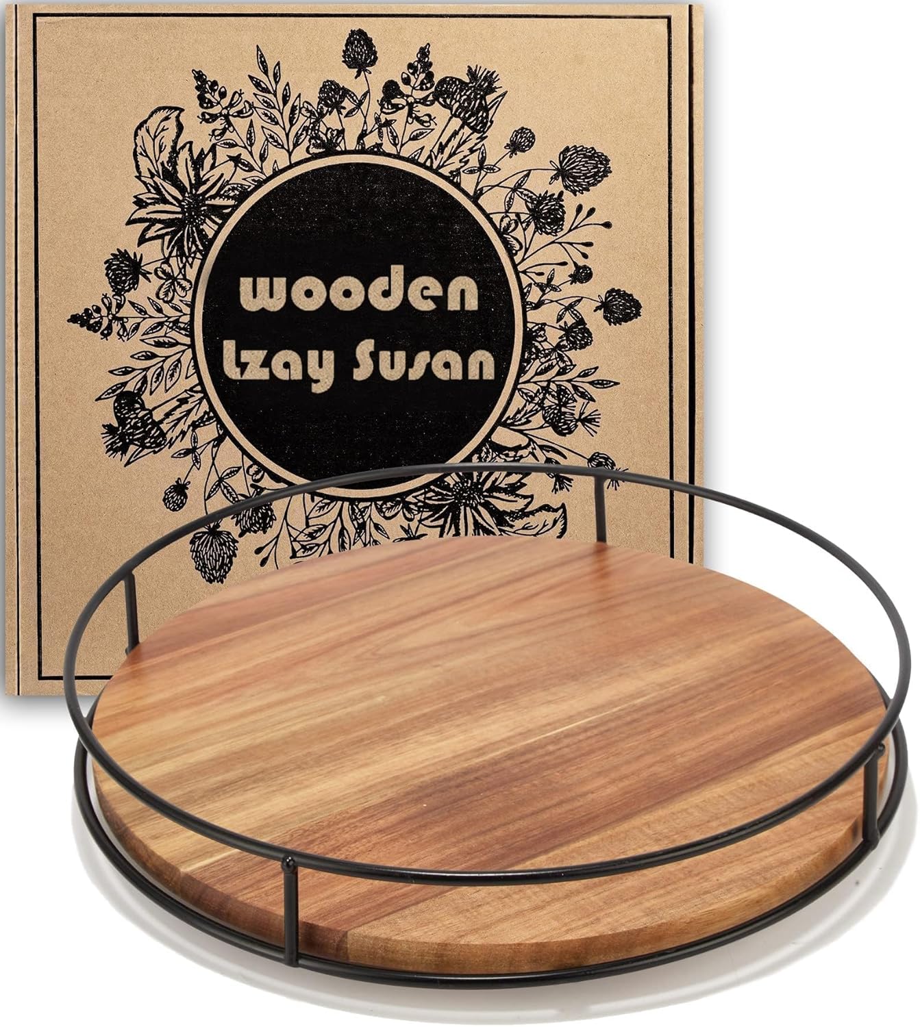 12" Acacia Wood Lazy Susan Turntable, Tomoaza Kitchen Organizer Turntable with Steel Sides, 360 Degree Turntable for Countertop Cabinet or Dining Table(Black)