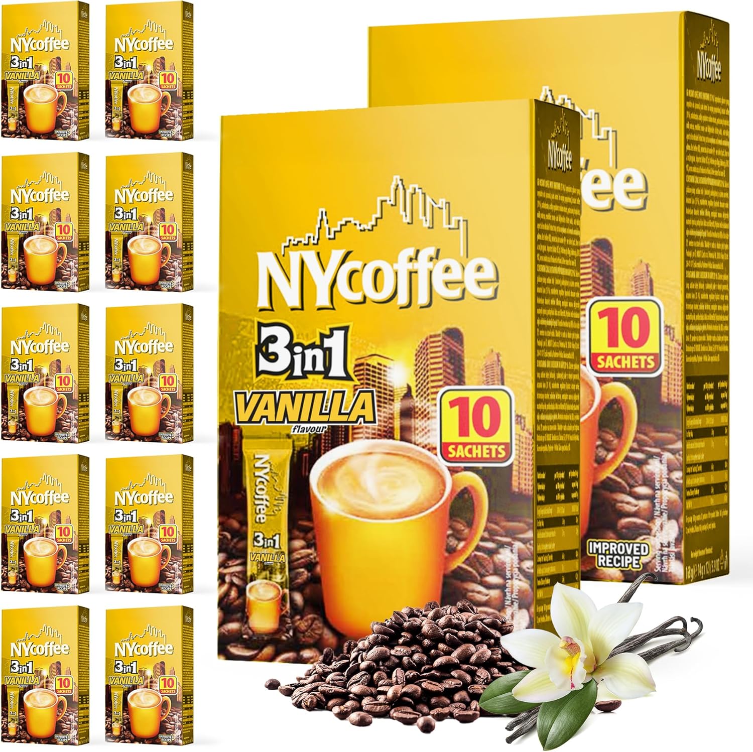 SOL 100pk Bulk NY 3-in-1 Coffee Sachets, Vanilla Latte Flavour, Case Pack Includes 10 x 10 Individually Wrapped Instant Sticks, Convenient and Portable, Perfect for Home, Office, or Travel