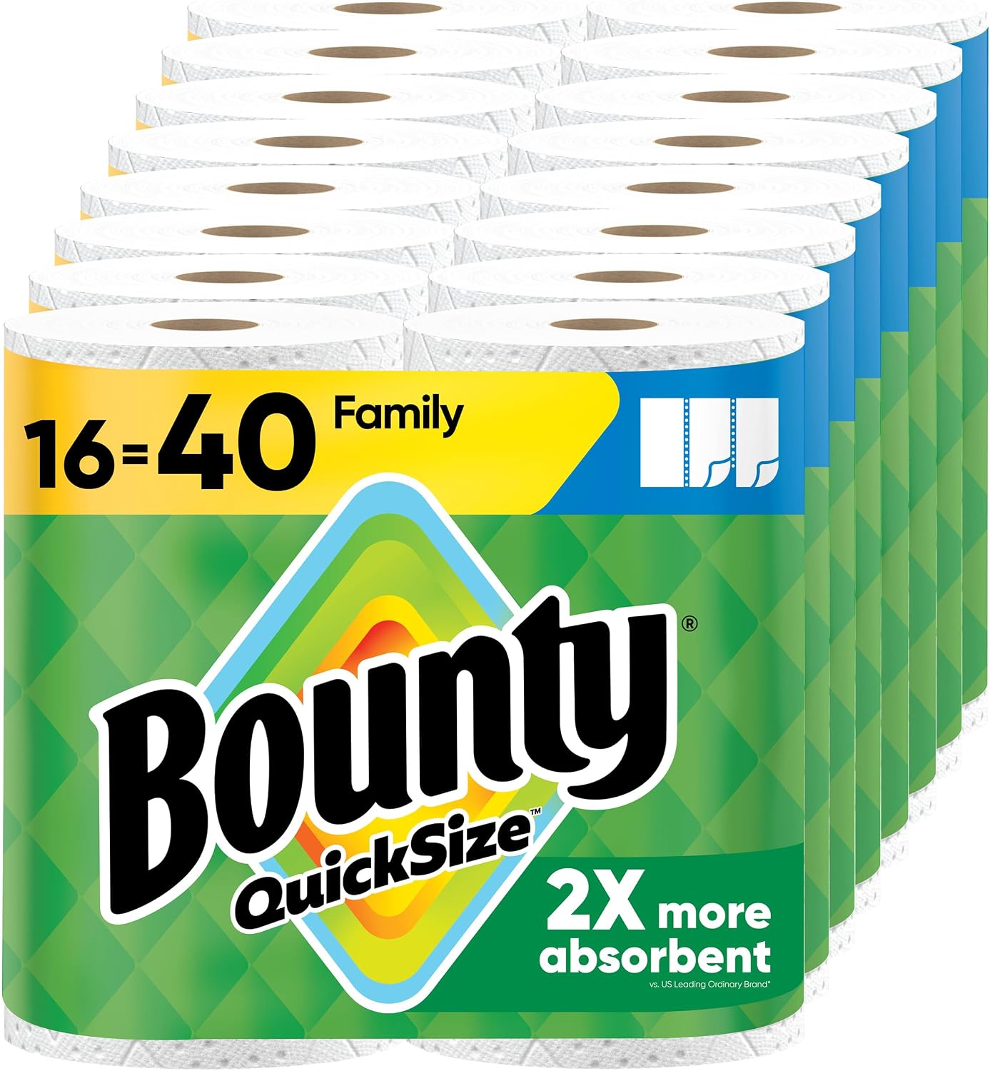 Bounty Paper Towels Quick Size, White, 16 Family Rolls = 40 Regular Rolls