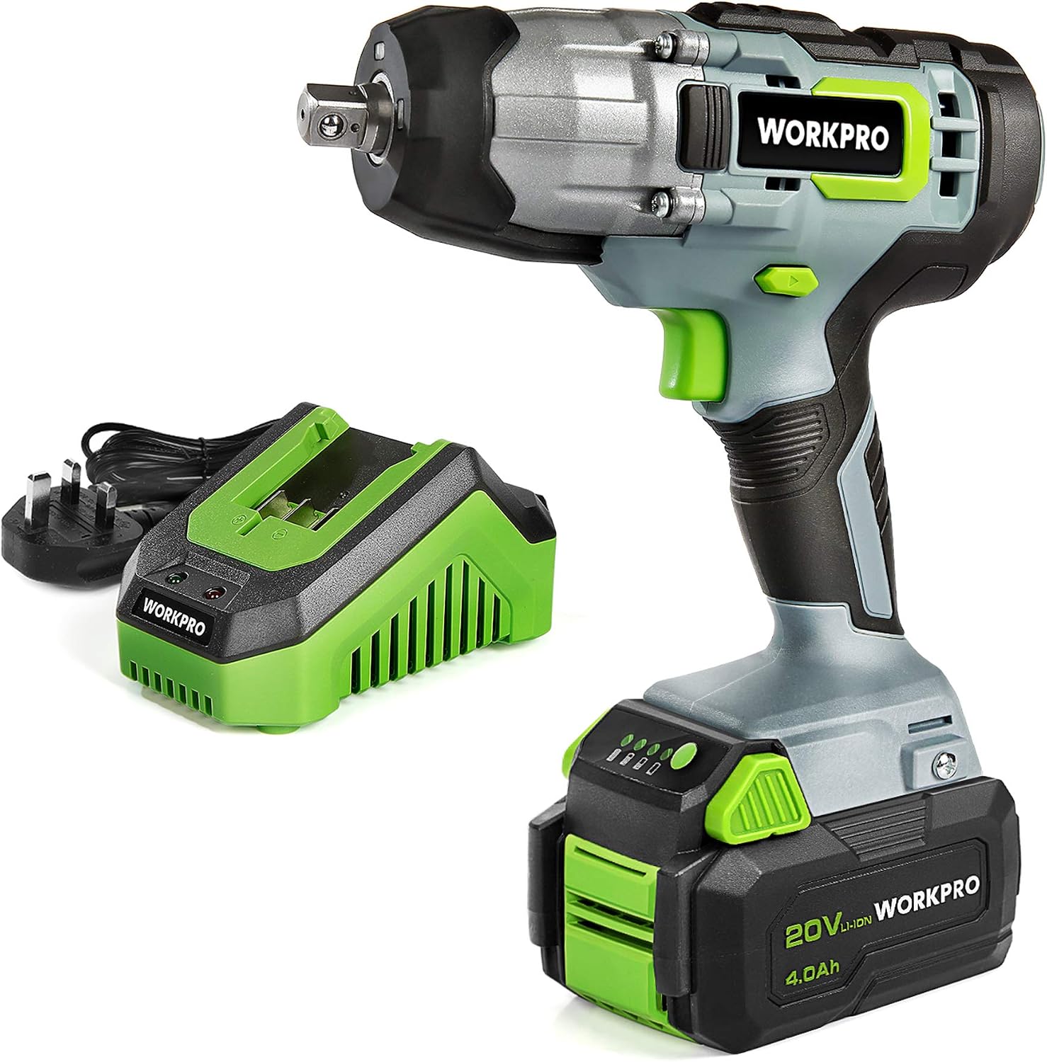 WORKPRO Cordless Impact Wrench Lightweight 20 V / 18 V, 4.0 Ah Li-ion Battery (Fast Charger), 1/2” Chuck, 2 Mode Forward/Reverse, Belt Clip, LED Light for Working in Dark Environment