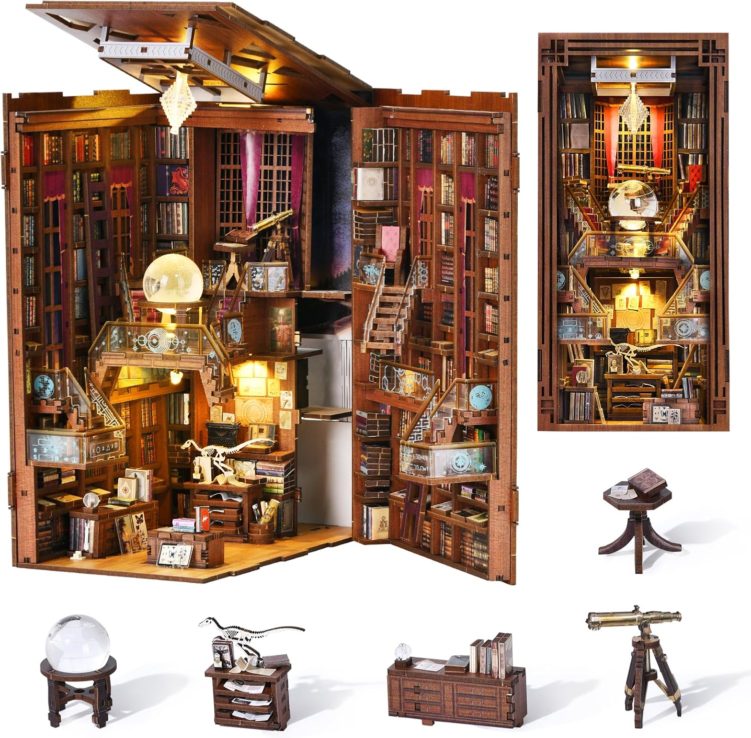 MiniCity Book Nook Kit, DIY Miniature Dollhouse Booknook Kit, 3D Wooden Puzzle Bookend Bookshelf Insert Decor with LED Light for Teens and Adults (Beyond Library)