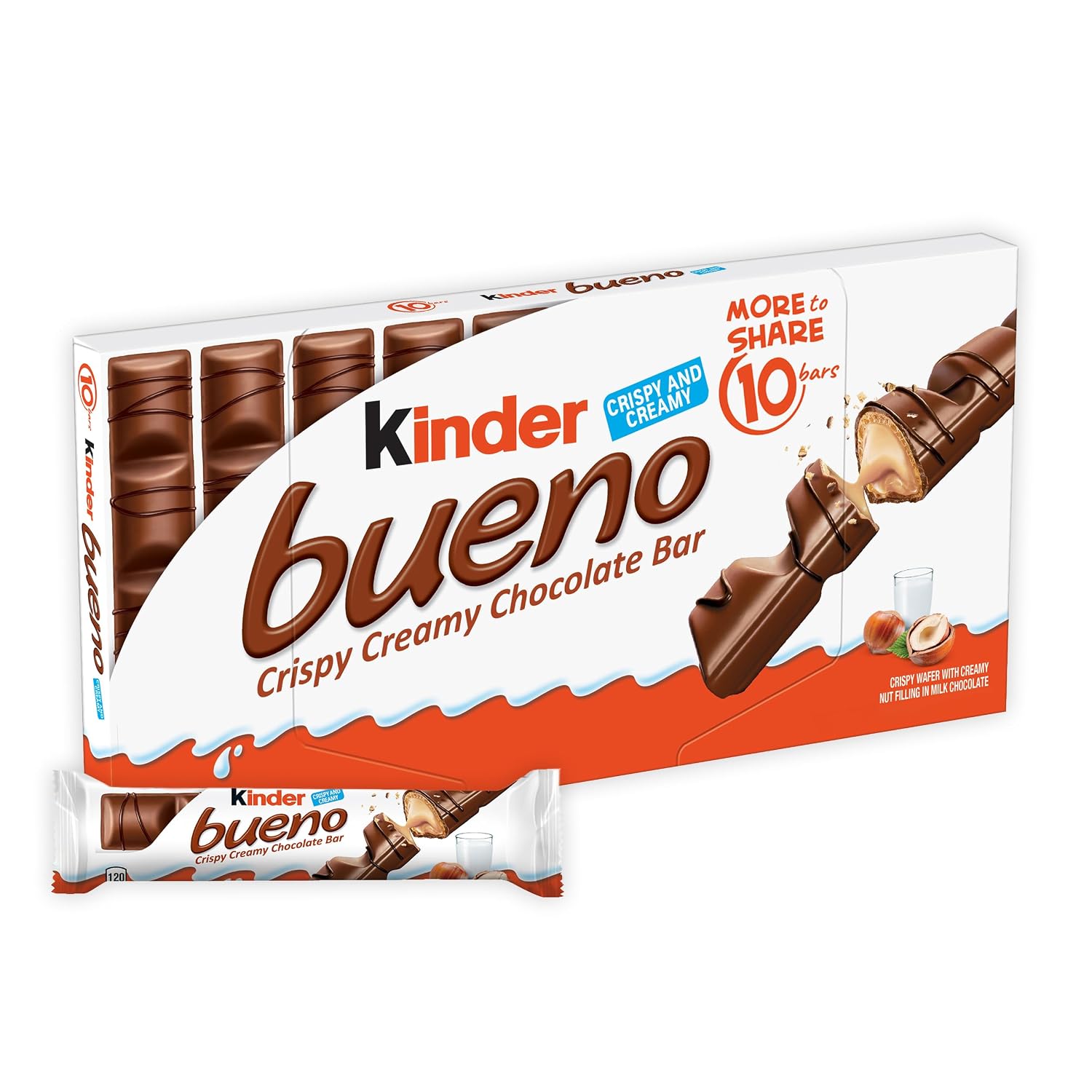 Kinder Bueno Milk Chocolate and Hazelnut Cream, 5 Pack, 2 Individually Wrapped Chocolate Bars Per Pack, 7.5 oz