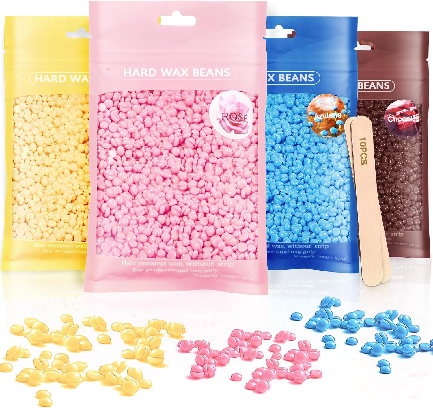 Hard Wax Beads, Hard Wax Beans 400g Hard Wax Hair Removal with 10 Pcs Wood Sticks - Painless at Home for Woman Men for Full Body Brazilian Bikini Face Legs Eyebrow