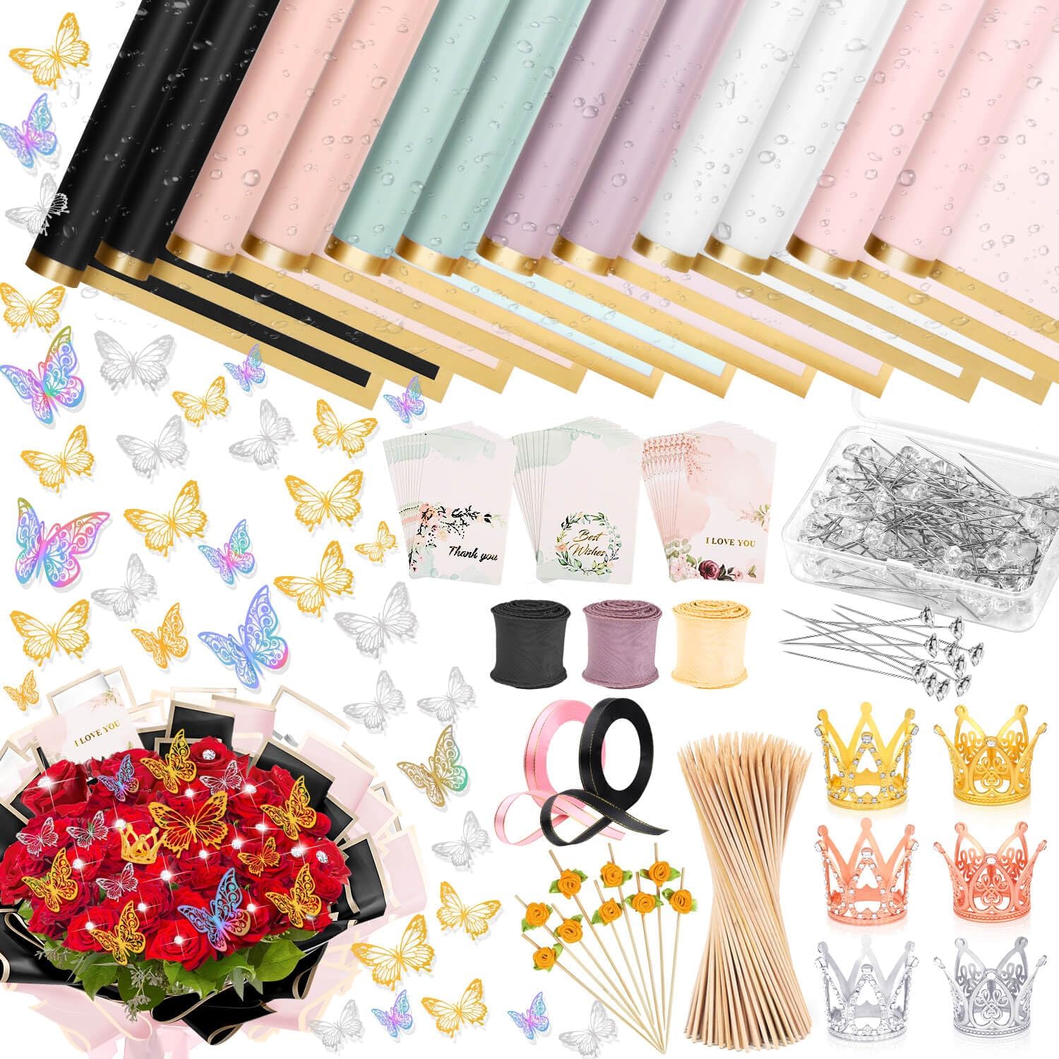 366 pcs Flower Bouquet Wrapping Paper,Waterproof Flower Floral Wrapping Paper Bouquet Sheets with Ribbons Pins 3D Butterflies and Crowns for Florist Wrap