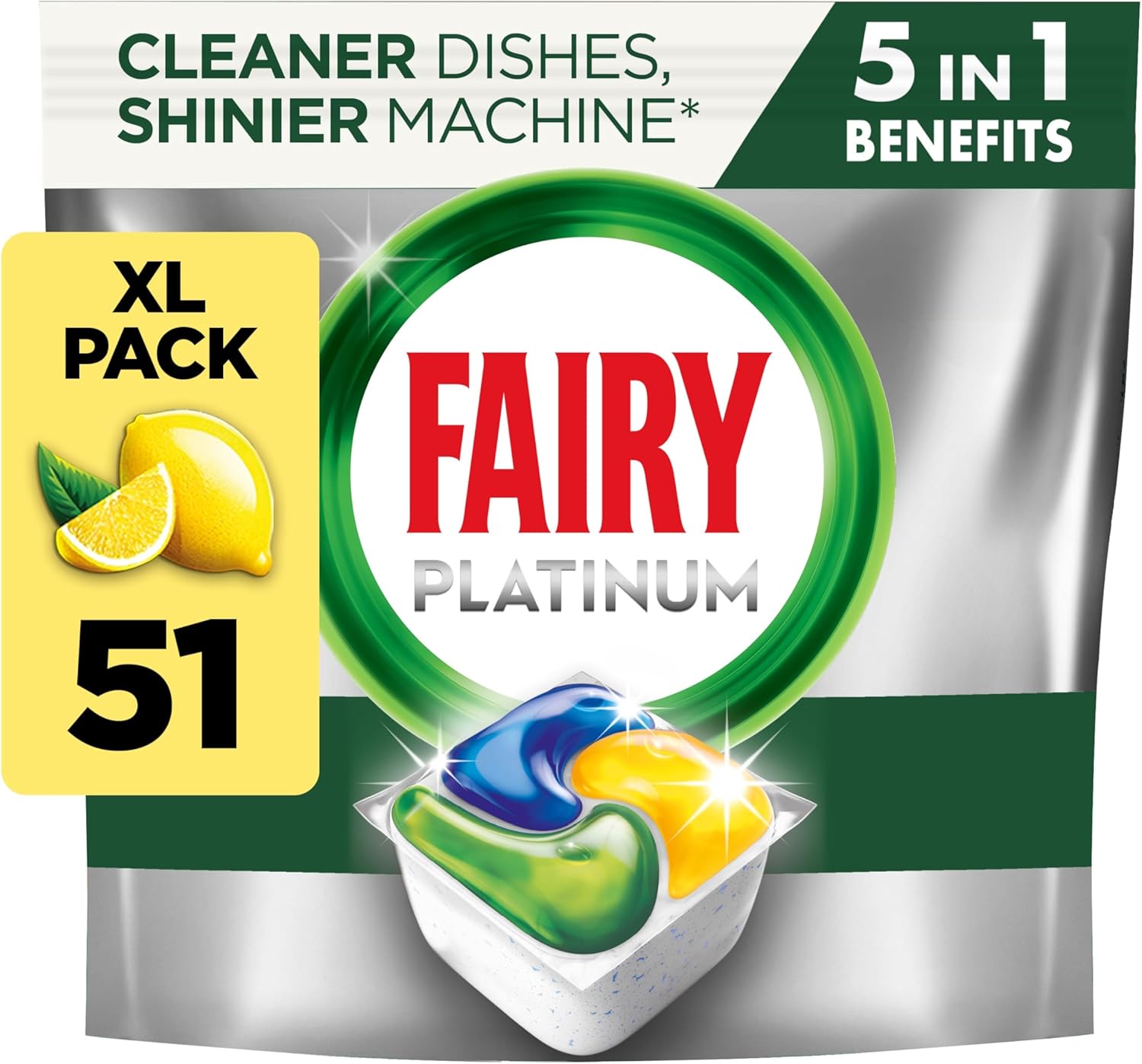 Fairy Platinum Lemon All-In-1 Dishwasher Bulk Pack, 51 Pods, Platinum Dishwashing Formula