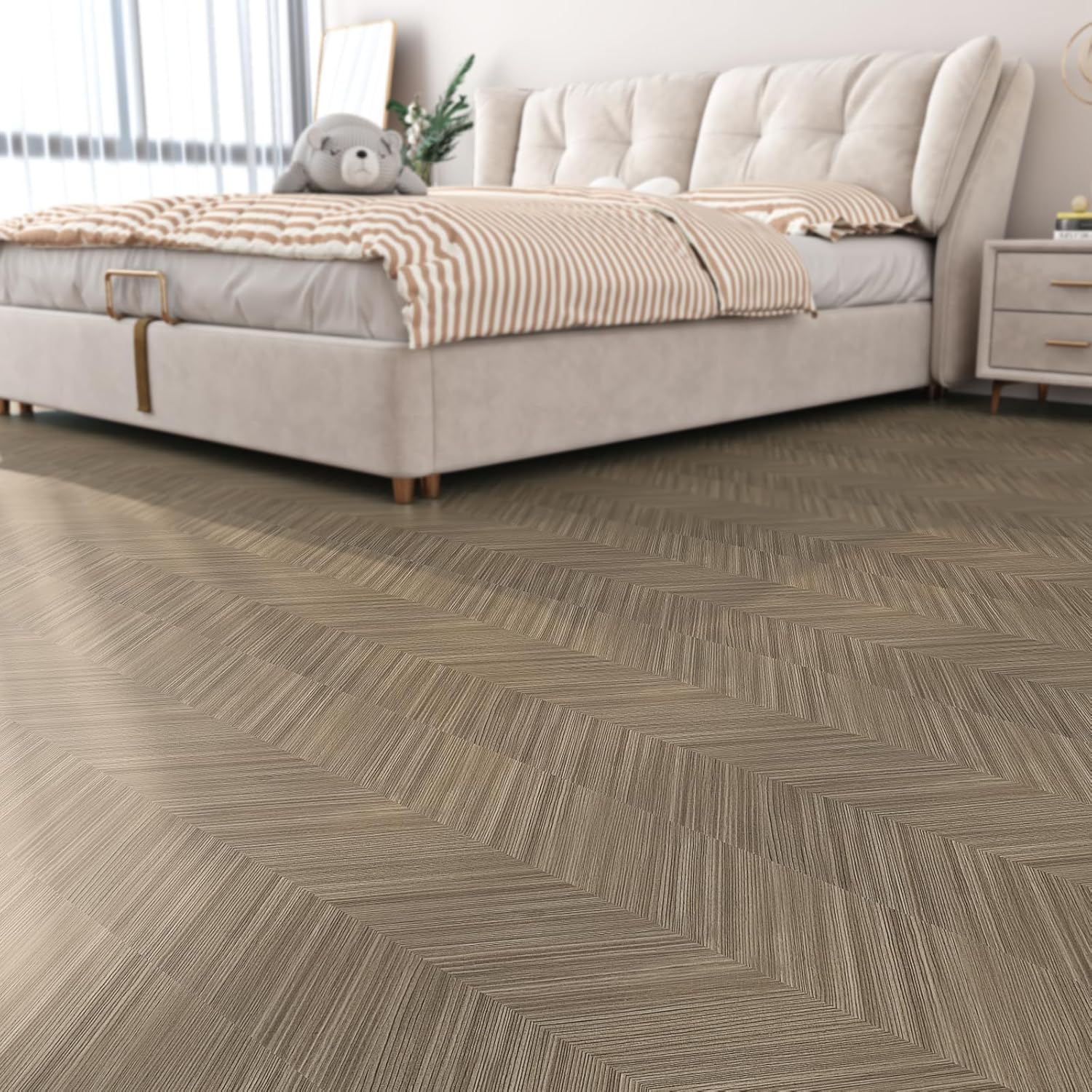 Livelynine Herringbone Wood Grain Contact Paper for Floors PVC Waterproof Linoleum Flooring Roll for Kitchen Vinyl Wrap Peel and Stick Brown Vinyl Flooring Rolls Laminate RV Flooring 15.8x78.8 Inch