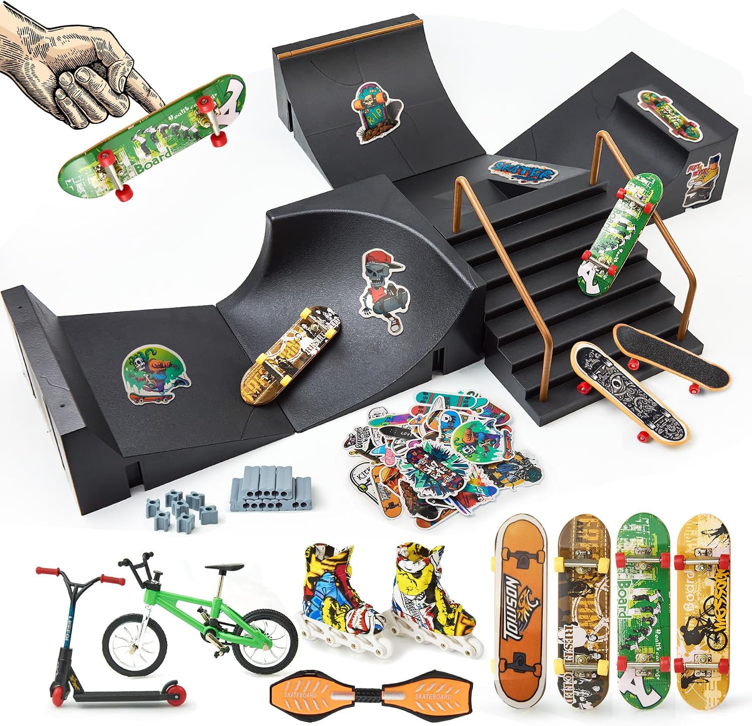 Finger Skateboard Ramps Sets DIY Assembly Mini Finger Skateboard 14 Pieces Fingerboard Skatepark for Kids Children Training Props Fingerboard Park