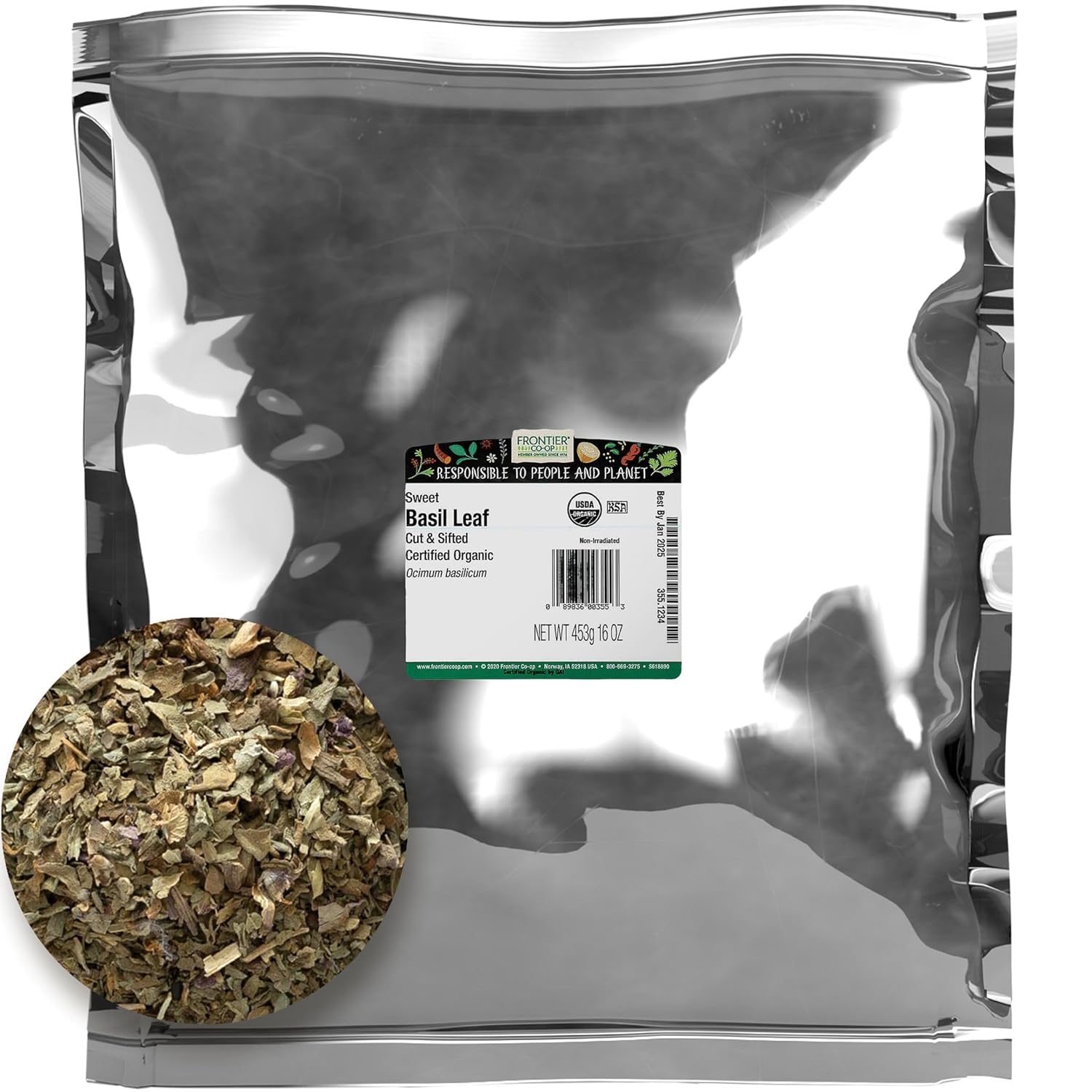 Frontier Co-op Sweet Basil Leaf, 1-Pound Bulk, Popular on Pizza & DIY Body Care As An Essential Oil, Kosher, Organic