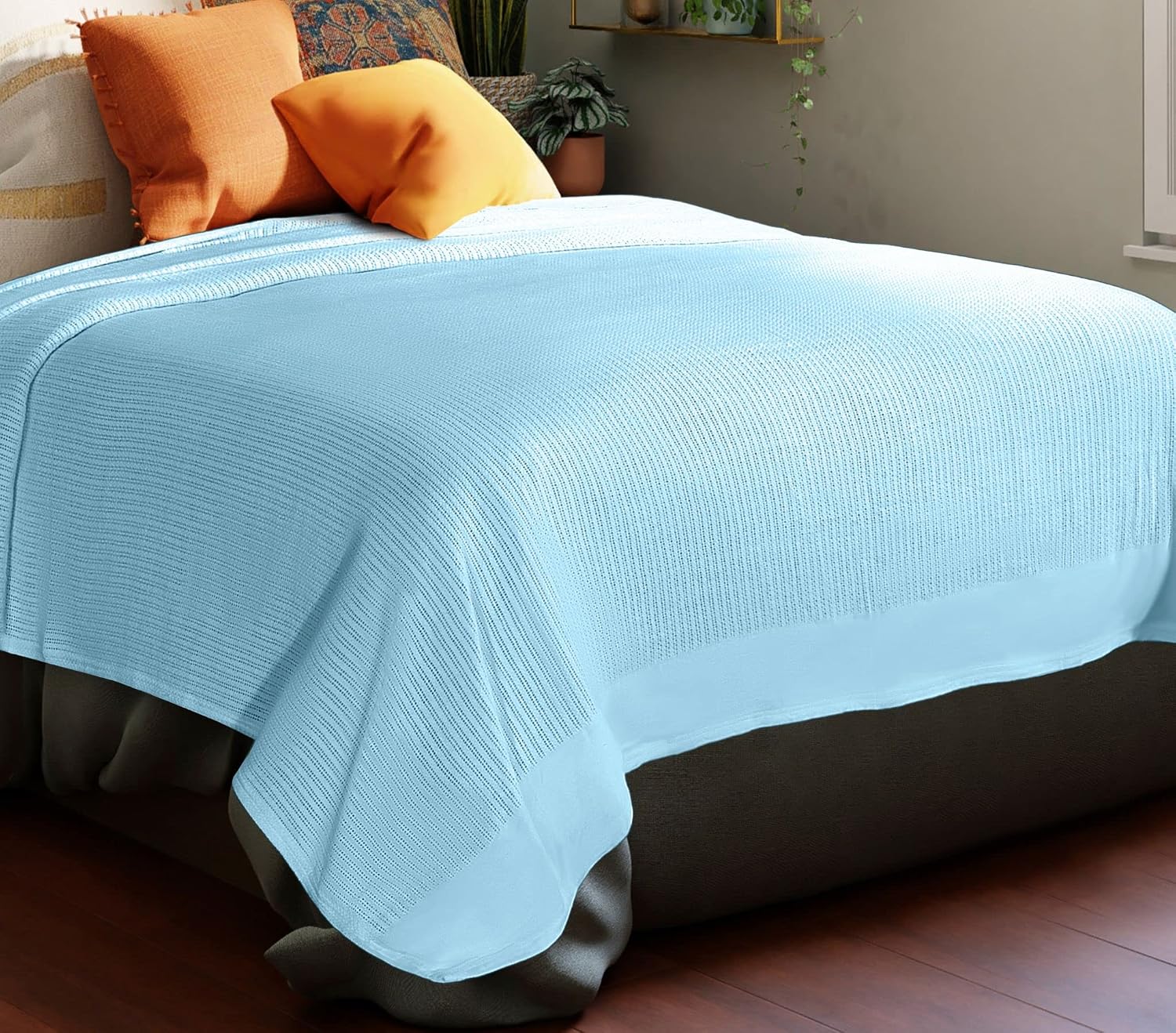 Sapphire Collection Pure 100% organic Cotton thermal Soft Lightweight Adult Cellular Blanket (Blue, Single 180 * 230 cm)