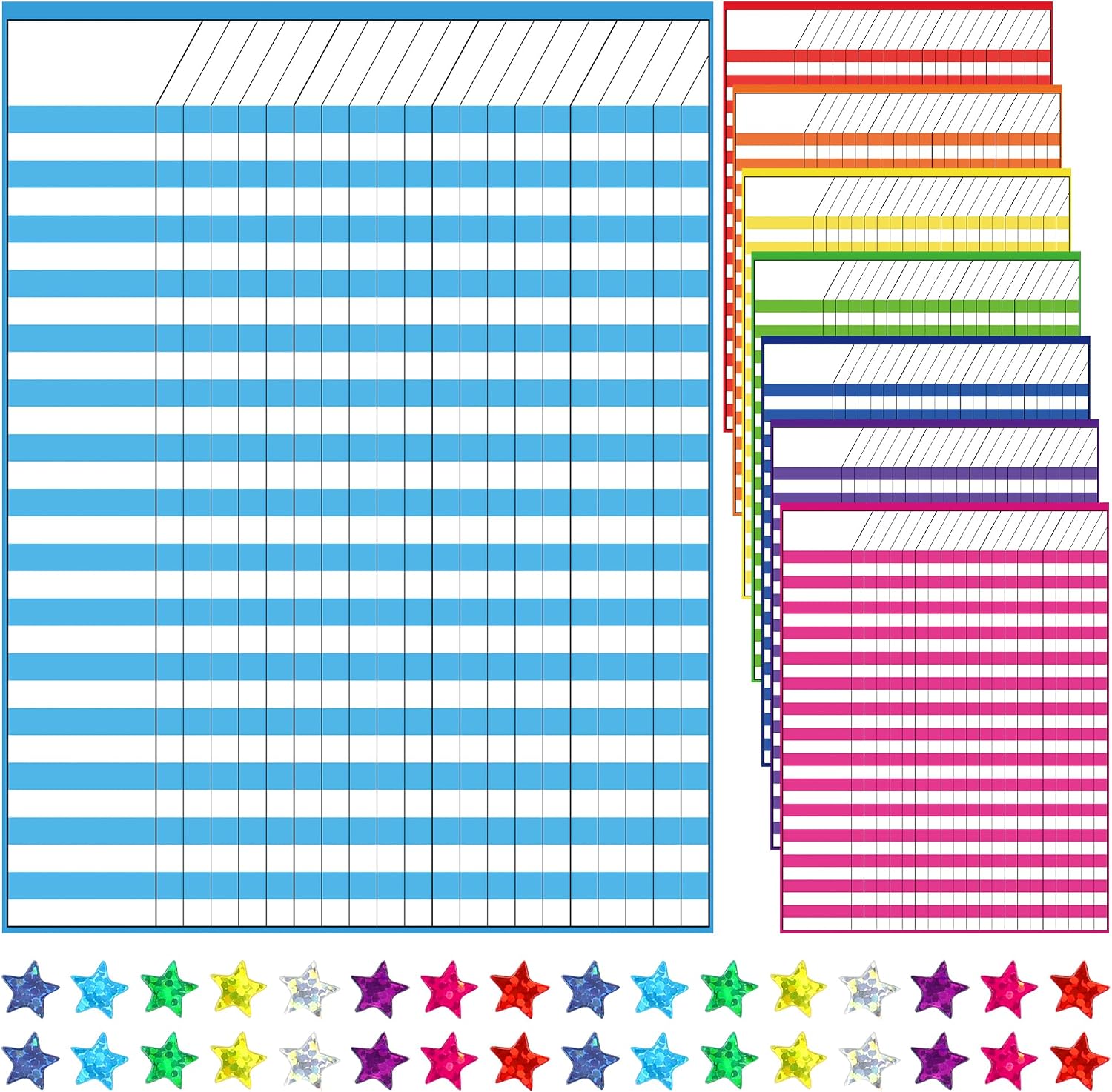 8 Pack Colorful Dry Erase Incentive Chart Multi-Color Classroom Laminated Dry Erase Reward Chore Charts with 1350 Reward Star Stickers for School Attendance Homework Progress Tracking, 13" x 17"