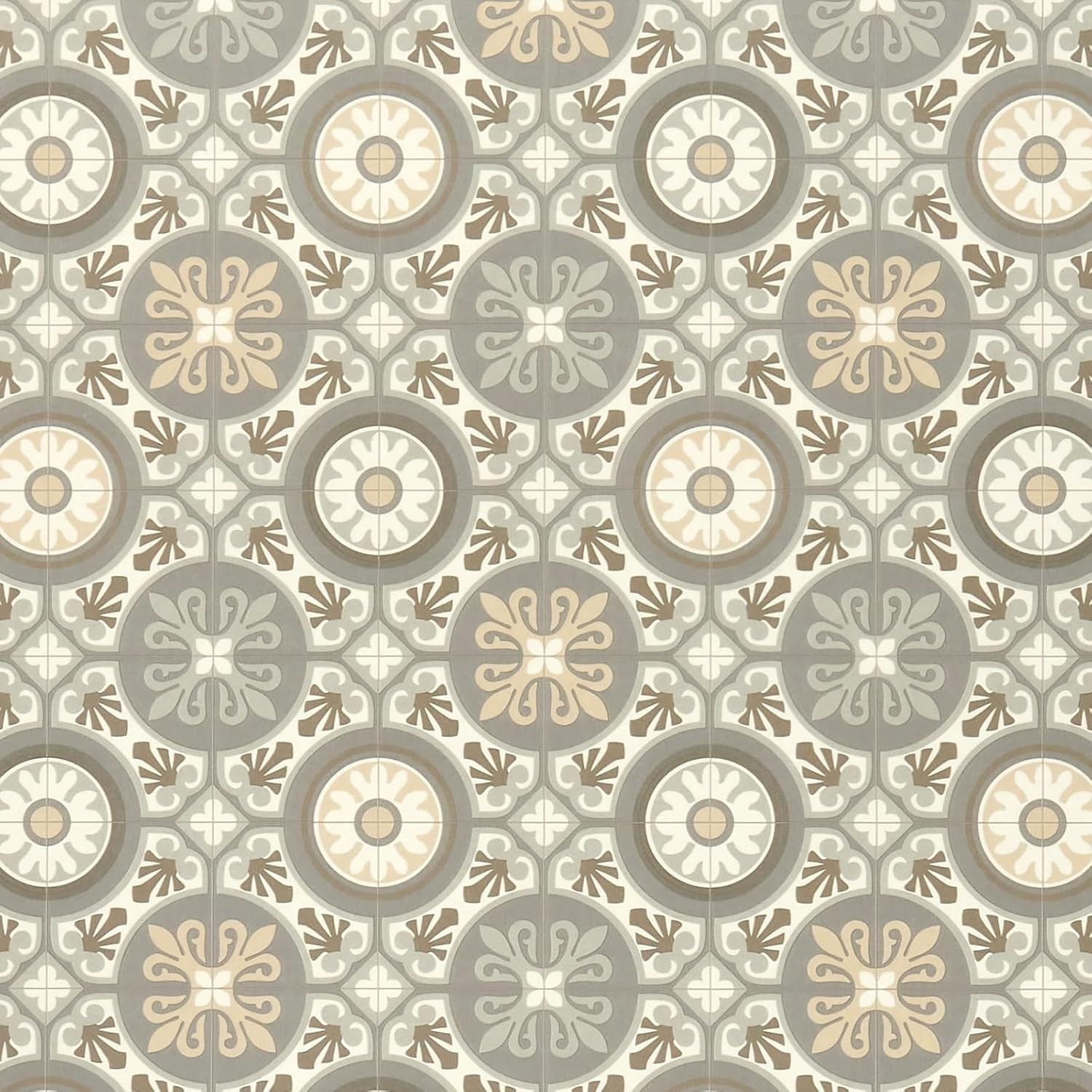 Moroccan Tile Design Cushion Vinyl Flooring Sheet Beige Cream & Grey Patterned Non Slip Lino Conservatory Kitchen Bathroom Floor (Tangier 10, 2m x 2m)