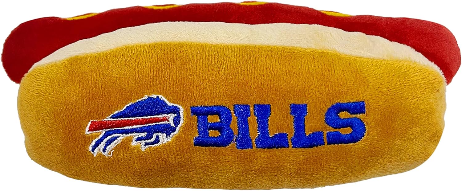 Pets First NFL Buffalo Bills HOT Dog Plush Dog & CAT Squeak Toy - Cutest HOT-Dog Snack Plush Toy for Dogs & Cats with Inner Squeaker & Beautiful Football Team Name/Logo, 8 x 5 x 3 Inches