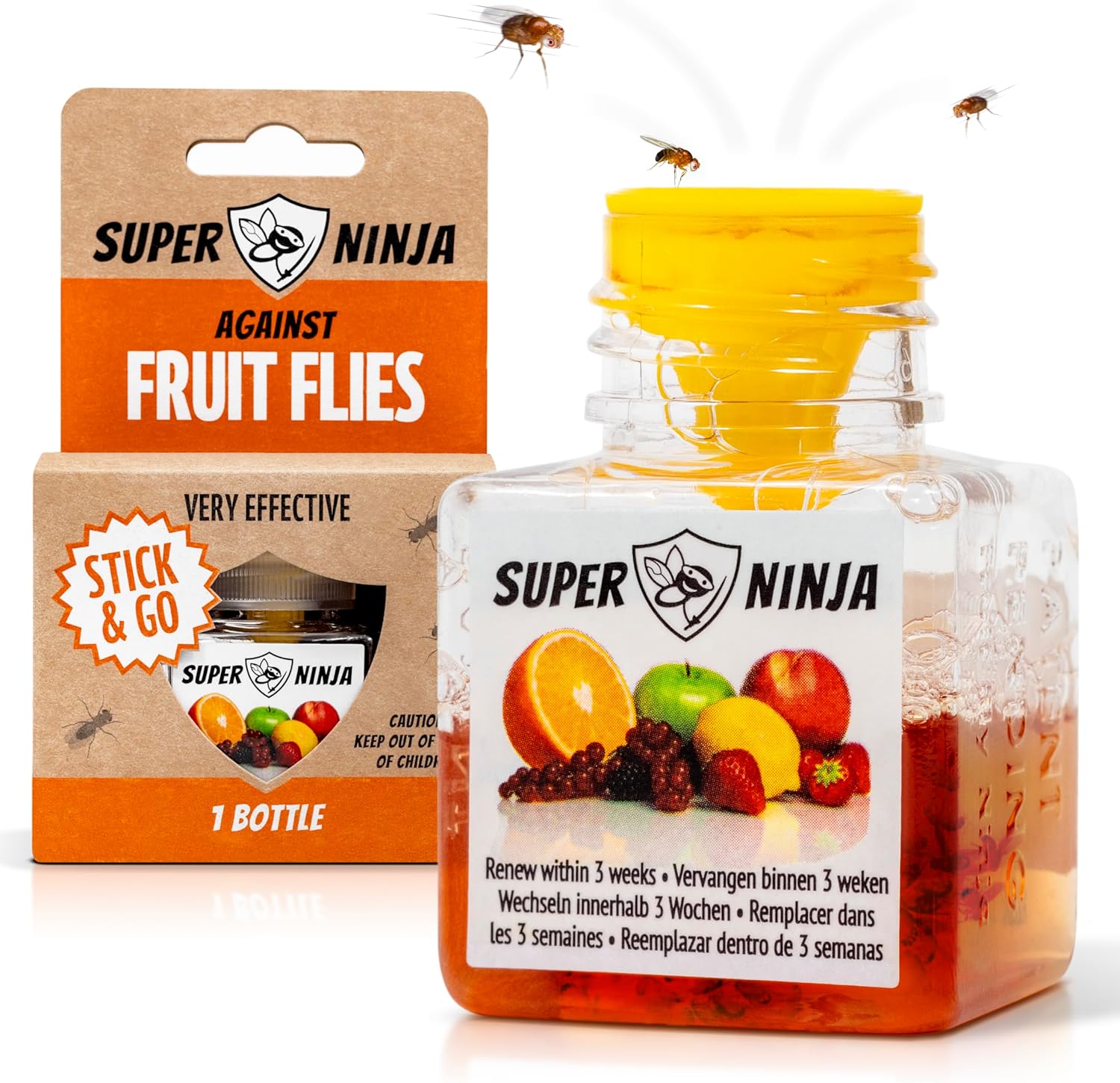 Super Ninja Fruit Fly Trap - 1 pack, Highly Effective Fruit Fly Killer for Home & Kitchen, Up to 3 Weeks of Performance per Bottle, Child & Pet Friendly