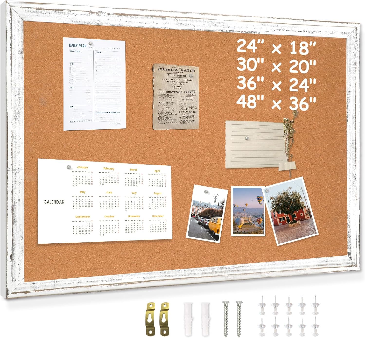 DOLLAR BOSS White Cork Board for Wall - 24 X 18 Inches, Rustic Wooden Frame Bulletin Board, Decorative Hanging Pin Board for Office & Home Decor