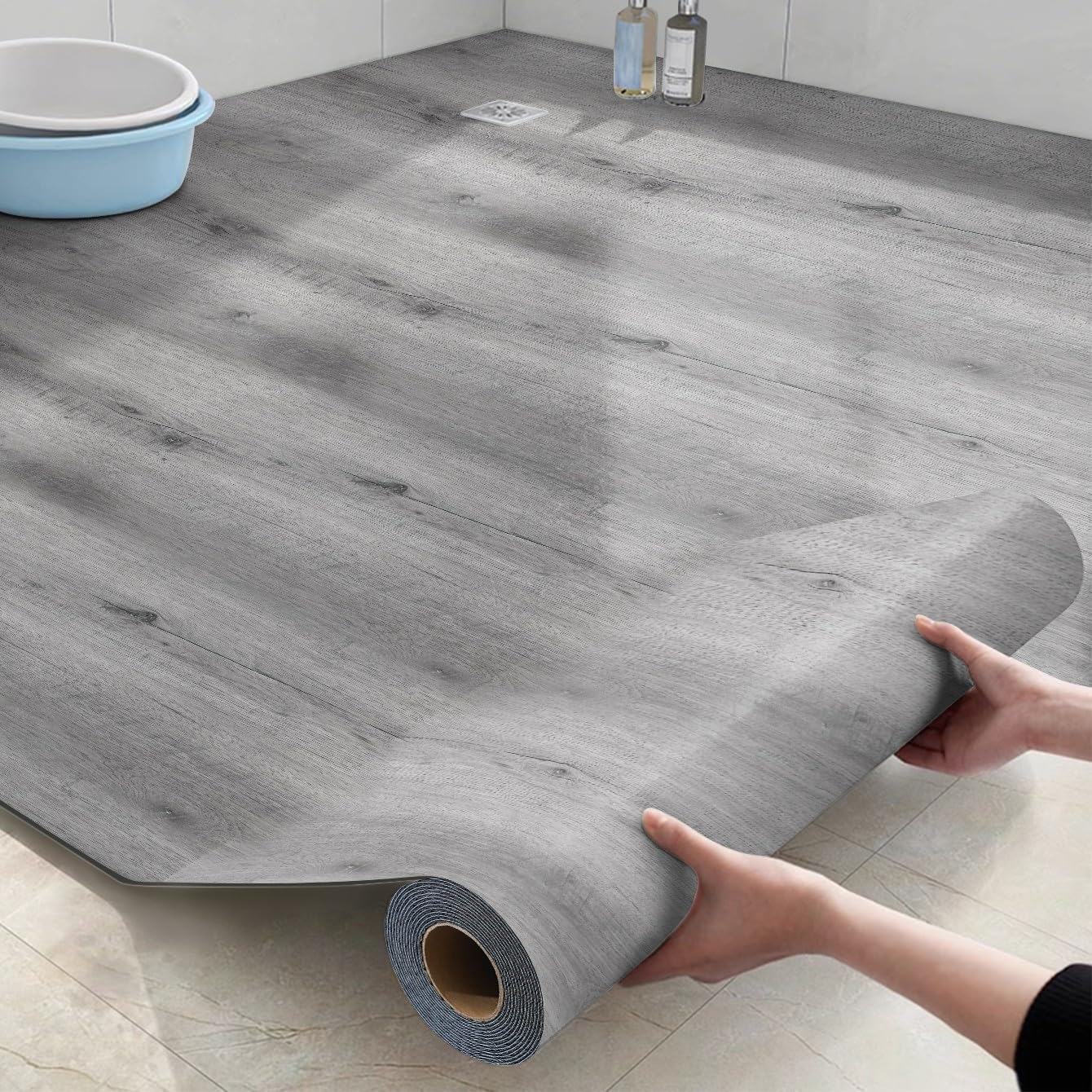 Chejiaye Wood Grain Peel and Stick Floor Tiles 17.72 "W x 118" L Thickened Self-Adhesive Vinyl Flooring Roll Waterproof, Anti Slip, and Anti Dent DIY Easy Installation,Brown,Light Gray (14.5 Sq.ft)