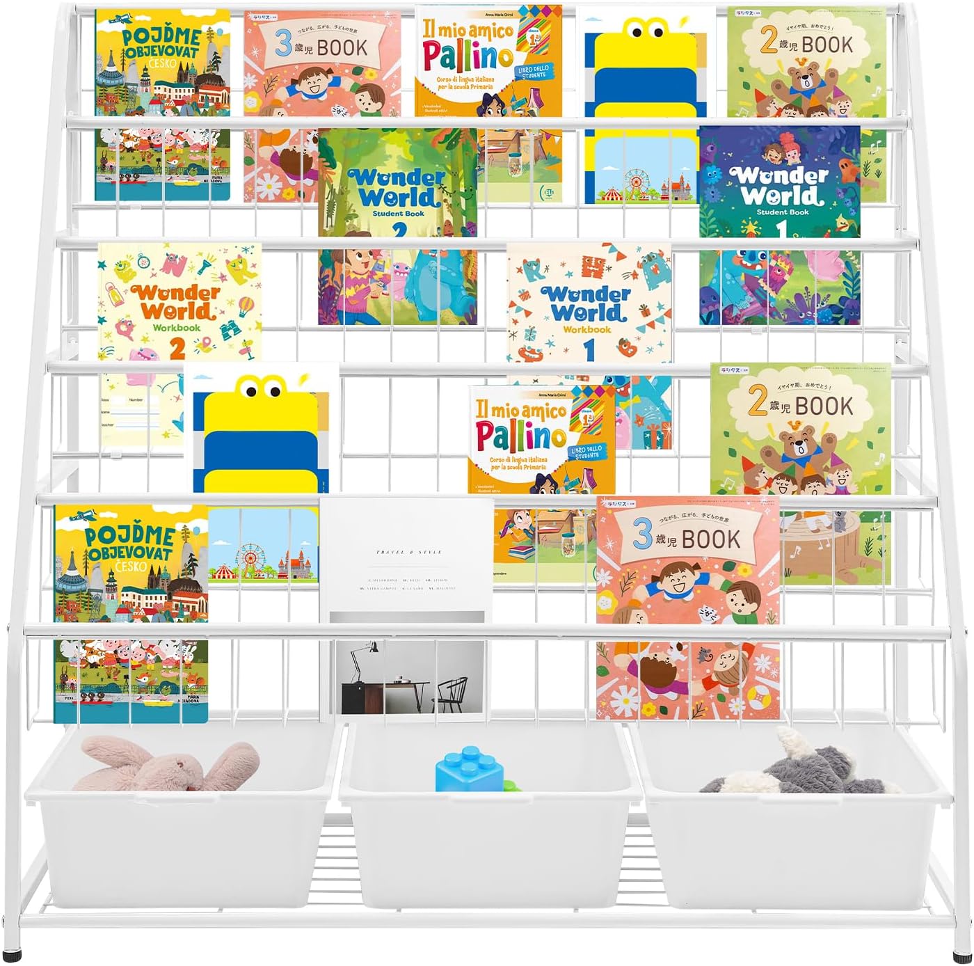 Kids Bookcases with Storage Bins, Book Display Rack with Storage Boxes, 6-Tier Metal Bookshelves for Study Room Playrooms Bedroom
