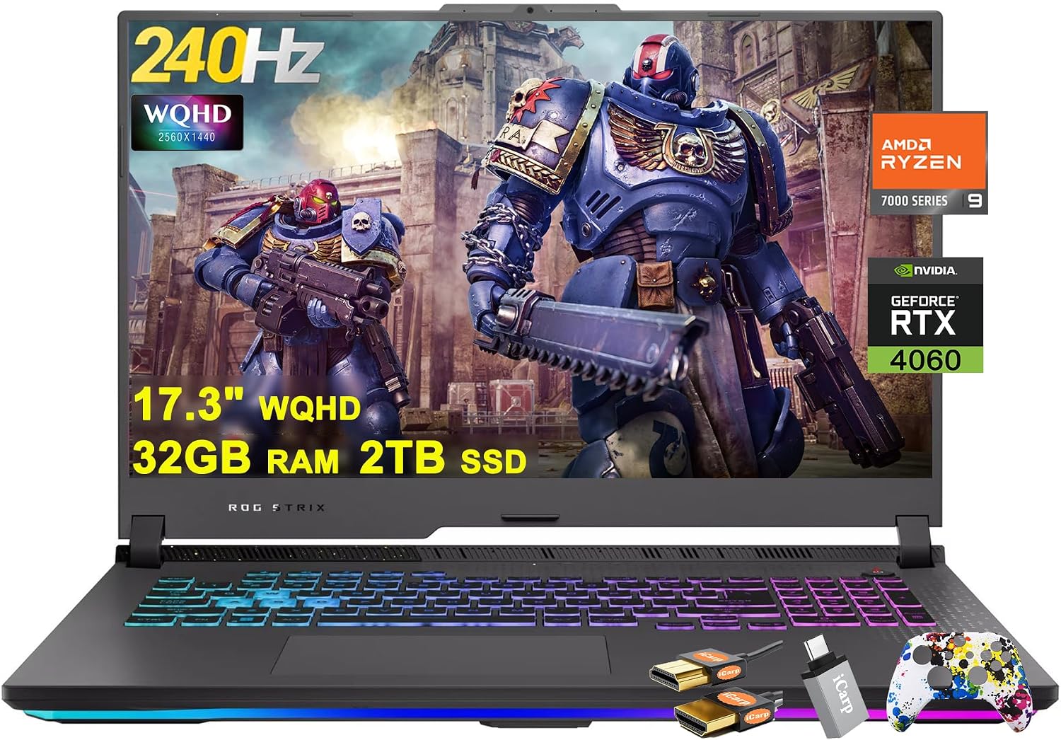 ASUS ROG Strix G17 G713 Gaming Laptop 17.3" WQHD IPS 240Hz AMD 12-Core Ryzen 9 7845HX (>i9-12900H) 32GB RAM 2TB SSD GeForce RTX 4060 8GB USB-C RGB Backlit Fast Charging Win11 w/ICP Accessory