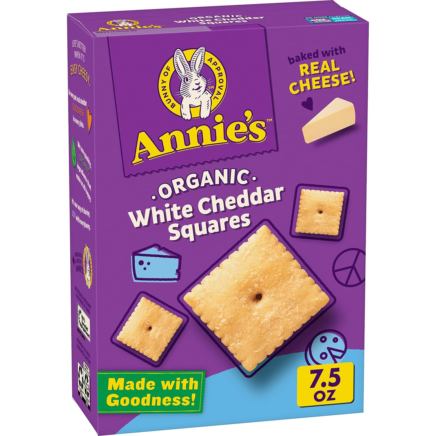 Annie's Organic White Cheddar Squares Baked Snack Crackers, Made with Real Cheese, 7.5 oz